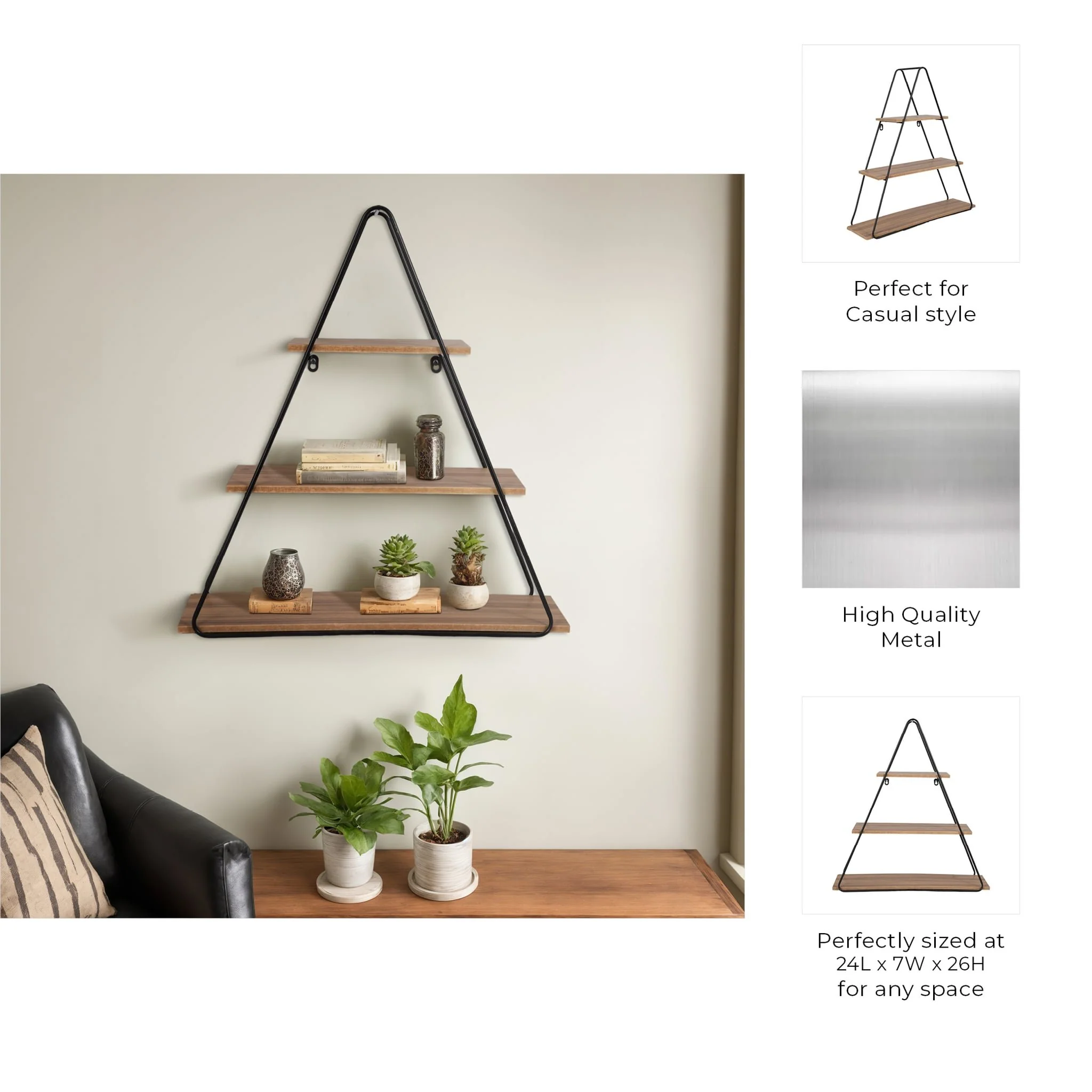 Metal/wood 26" Triangle Wall Shelf, Brown/black - Image 7