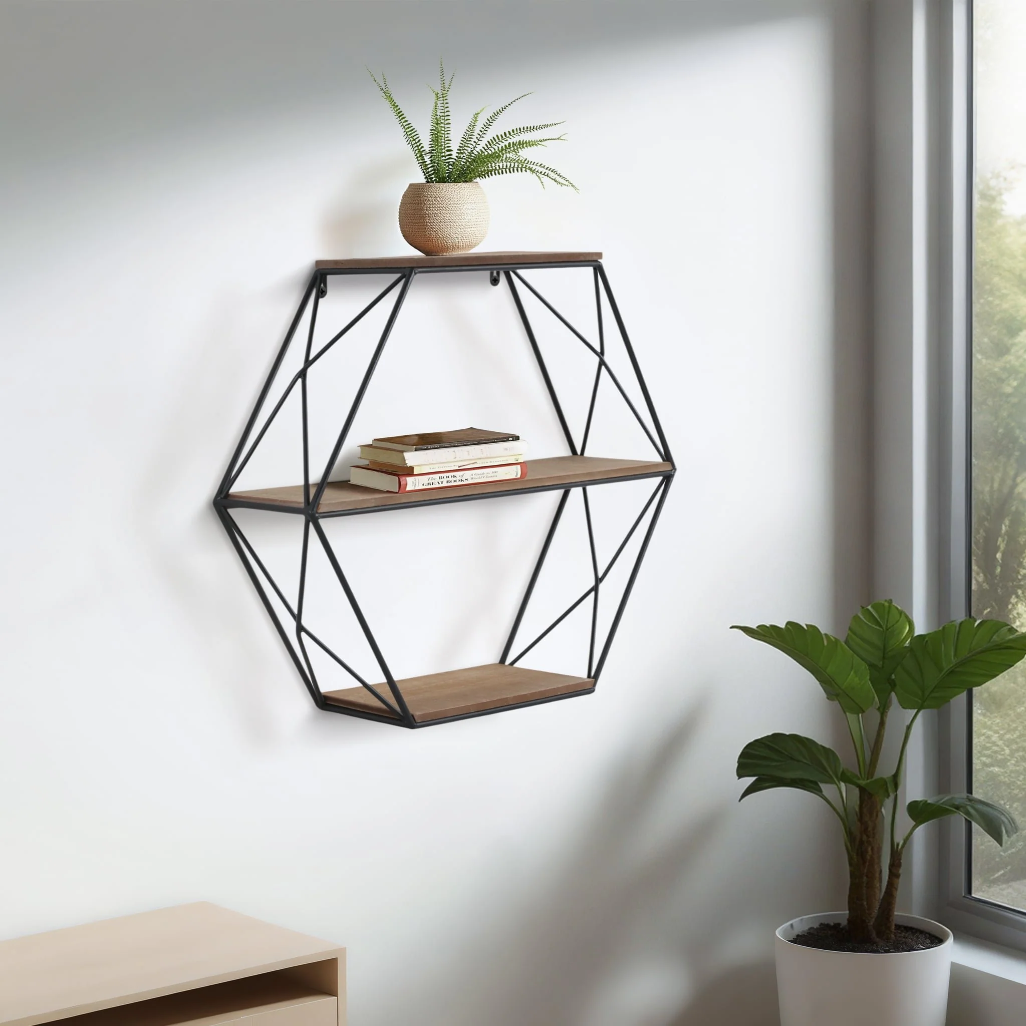 Metal/wood 3 Tier Hexagon Wall Shelf, Brown/black - Image 9