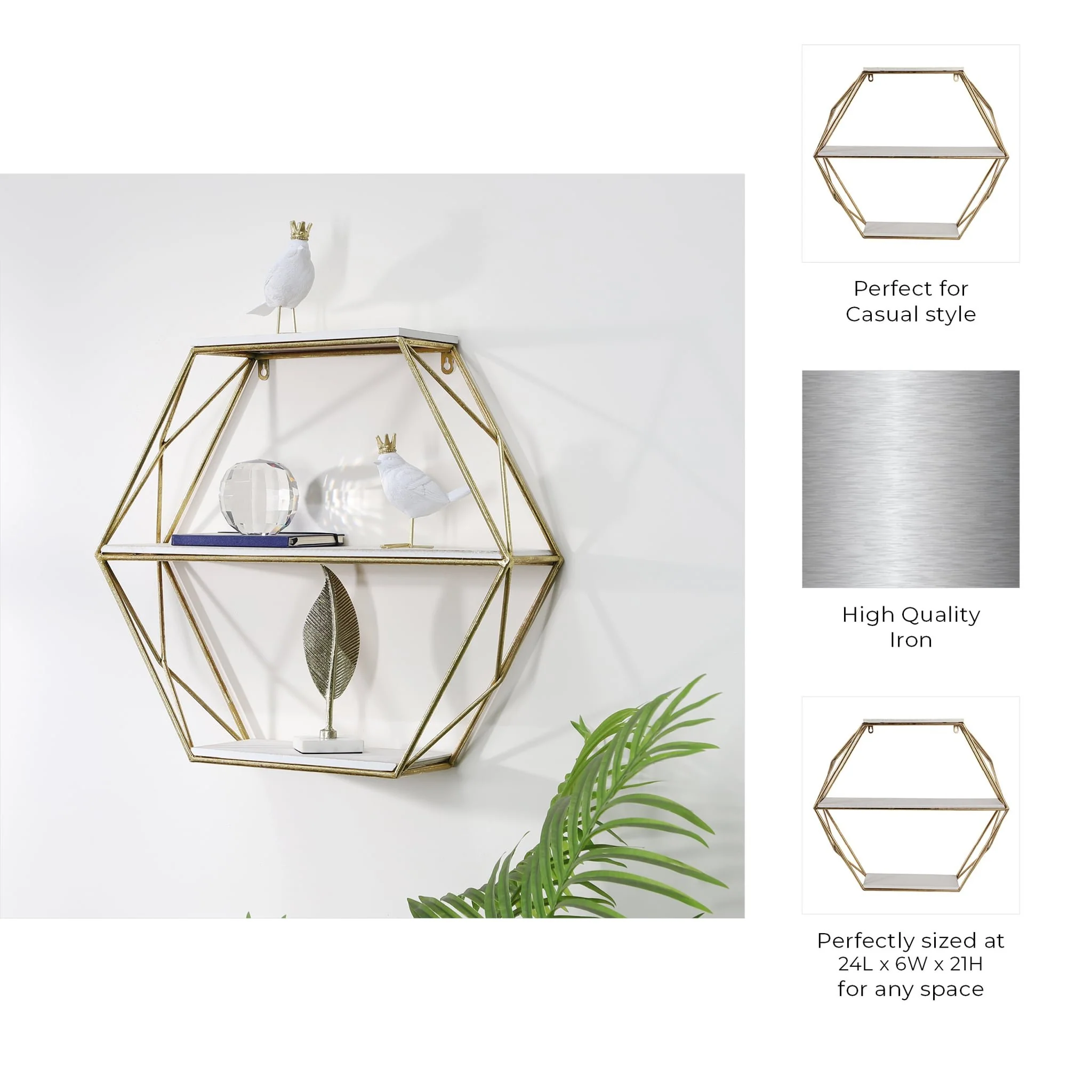 Metal / Wood 3 Tier Hexagon Wall Shelf, Gold - Image 10