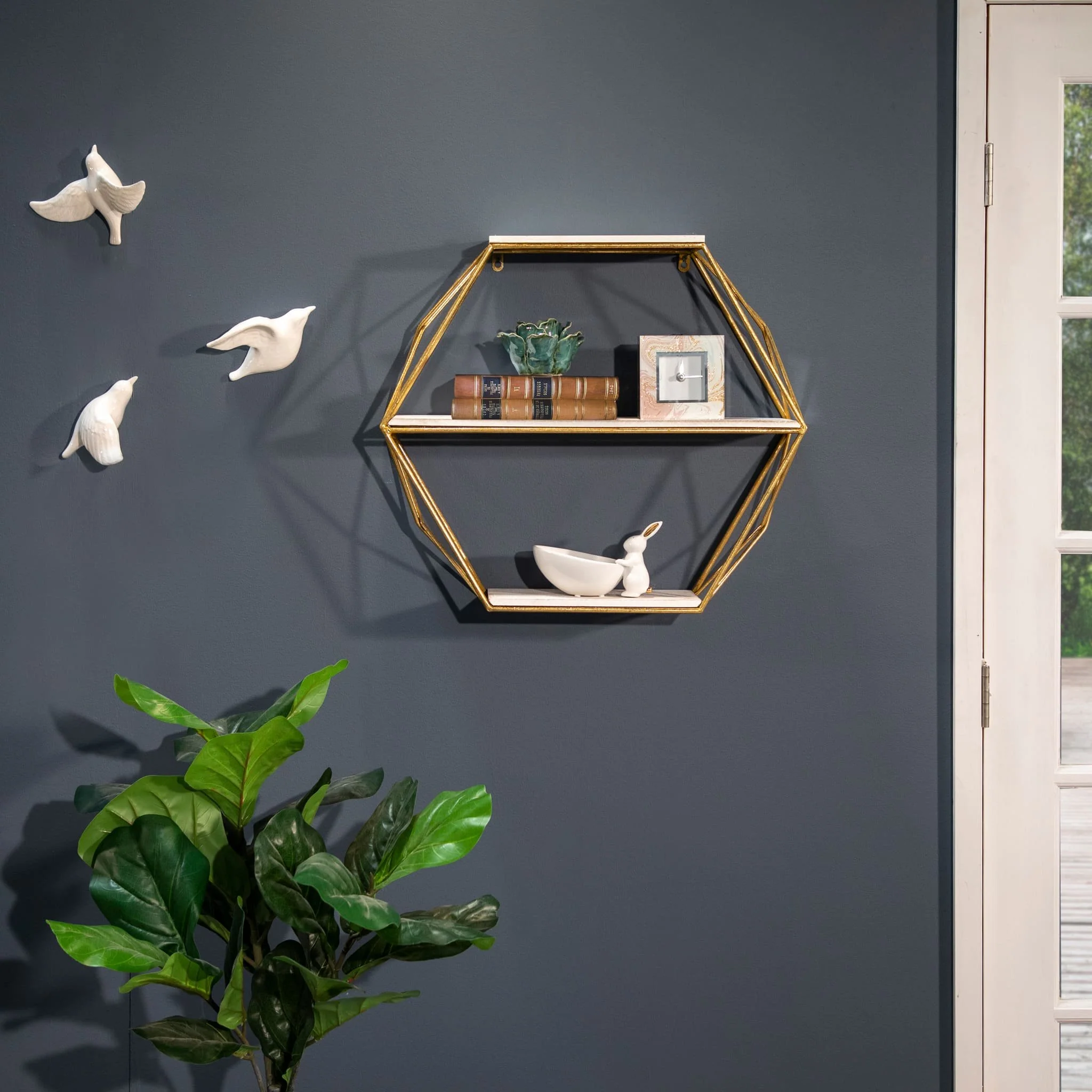 Metal / Wood 3 Tier Hexagon Wall Shelf, Gold - Image 11