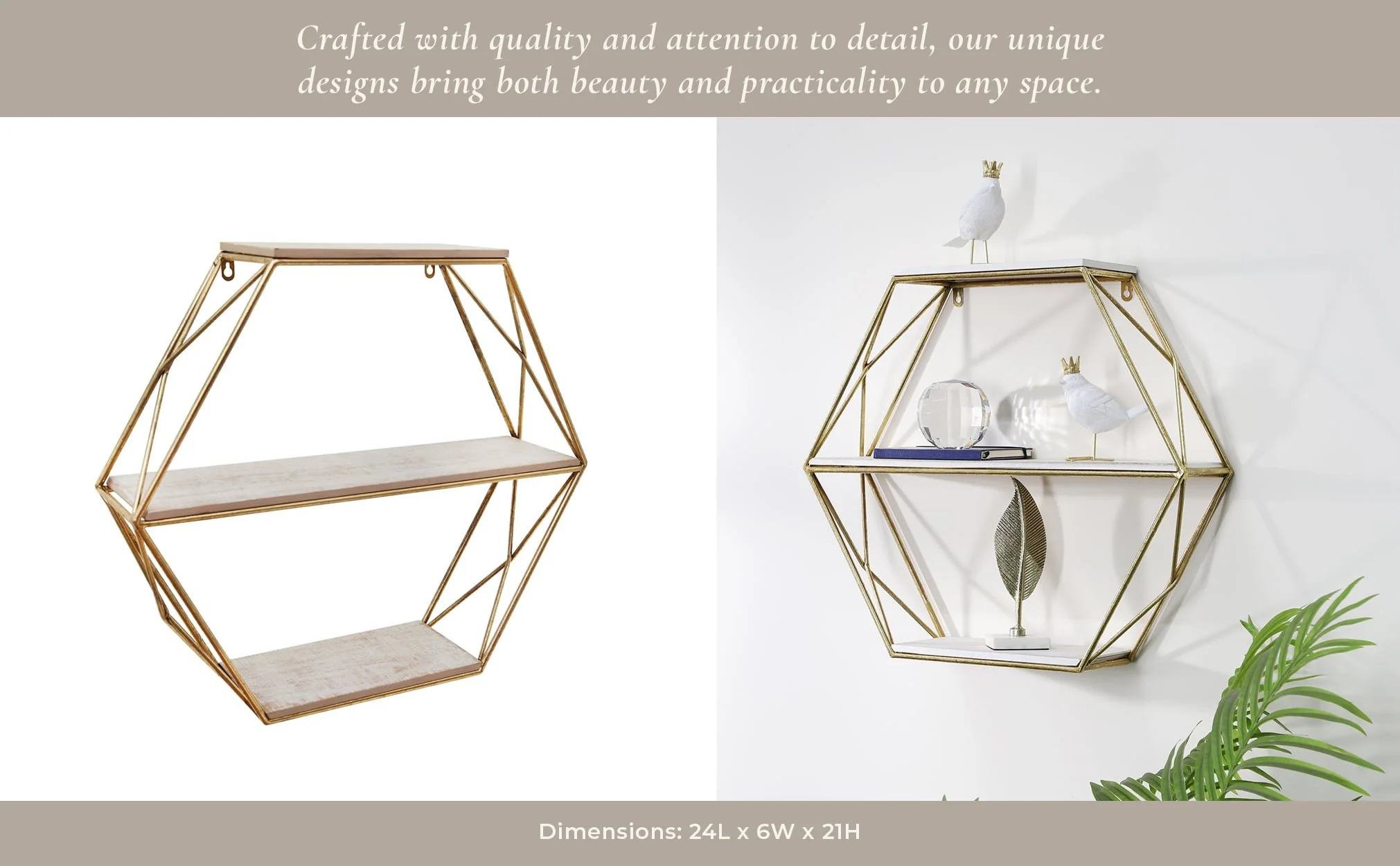 Metal / Wood 3 Tier Hexagon Wall Shelf, Gold - Image 13