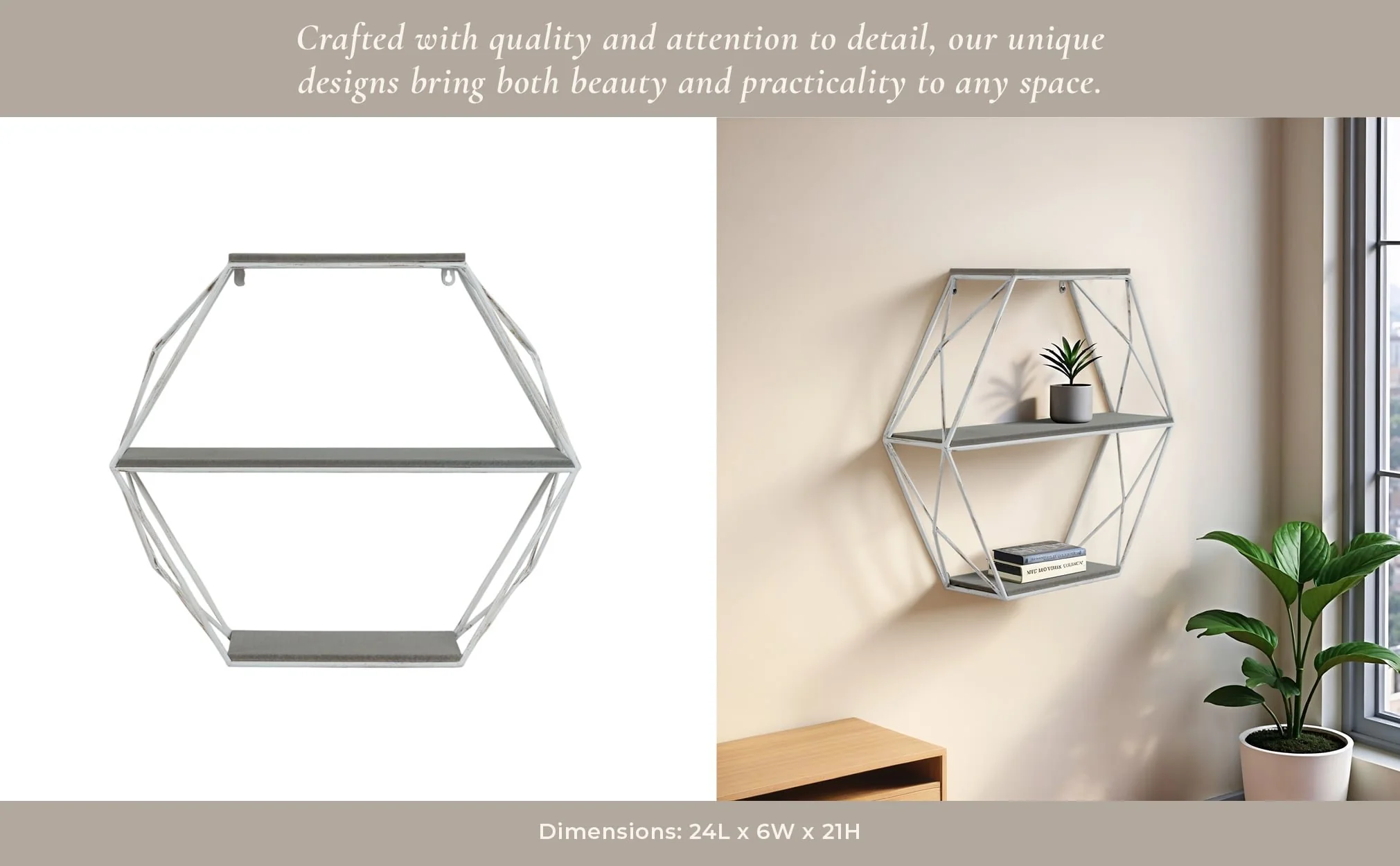 Metal/wood 3 Tier Hexagon Wall Shelf, Gray/white - Image 10
