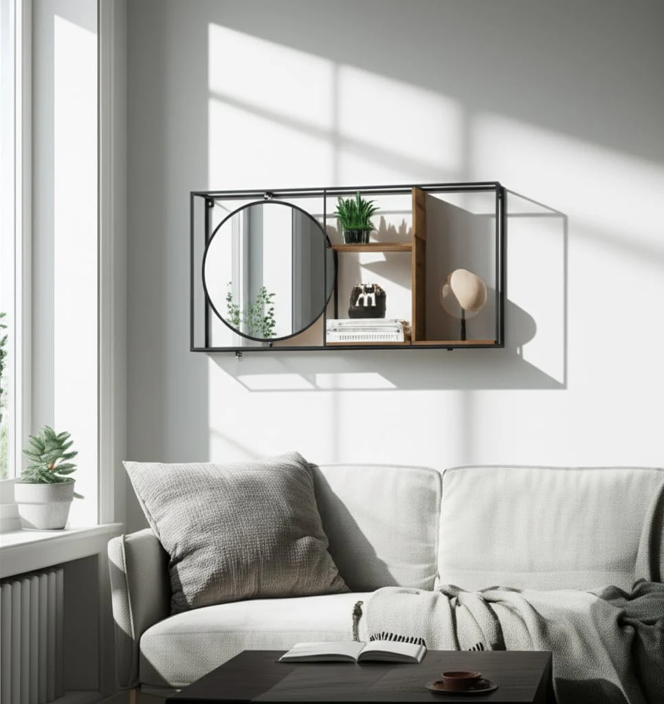 Metal/wood 34"l Wall Shelf With Mirror, Black/brow - Image 10