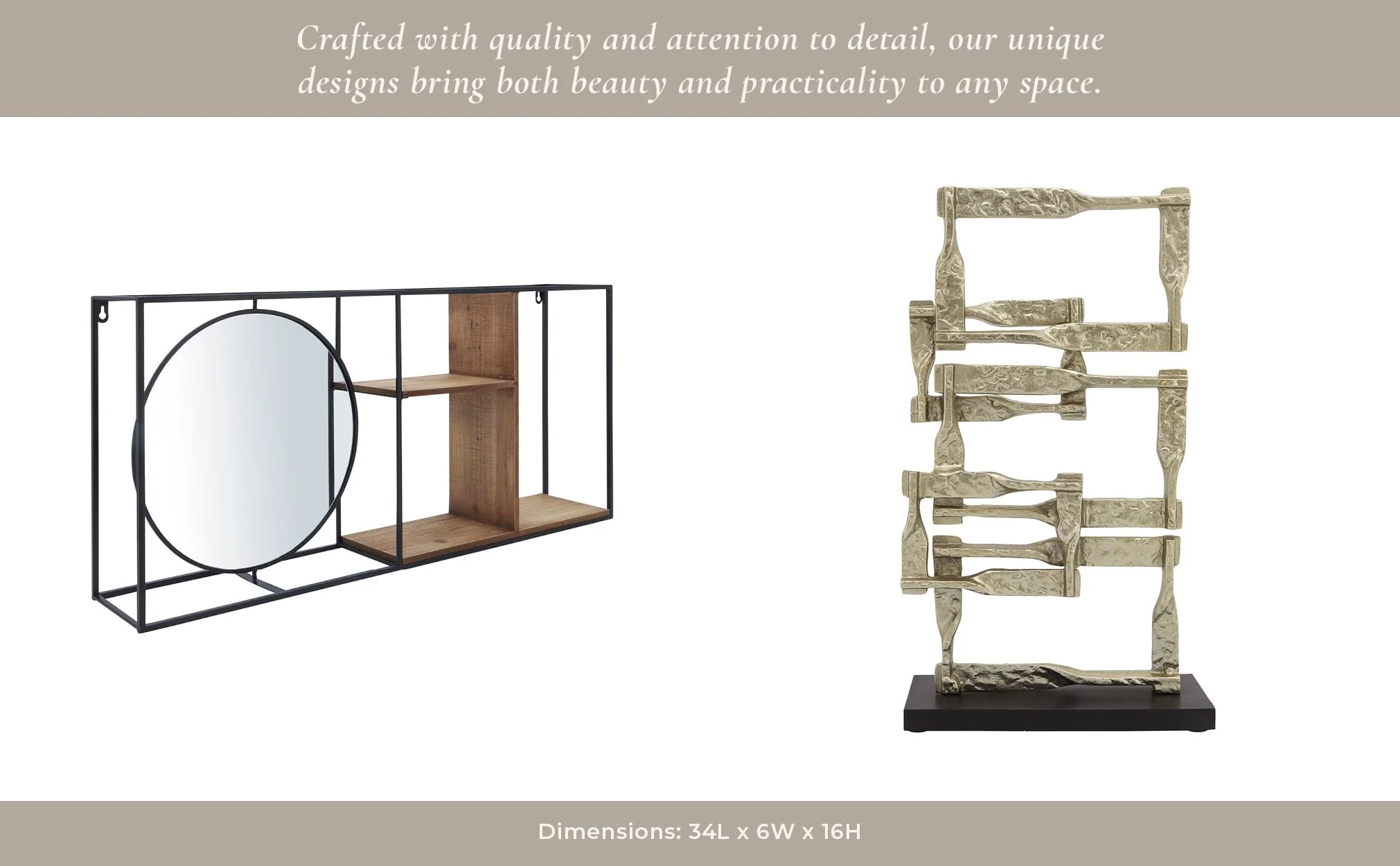 Metal/wood 34"l Wall Shelf With Mirror, Black/brow - Image 11