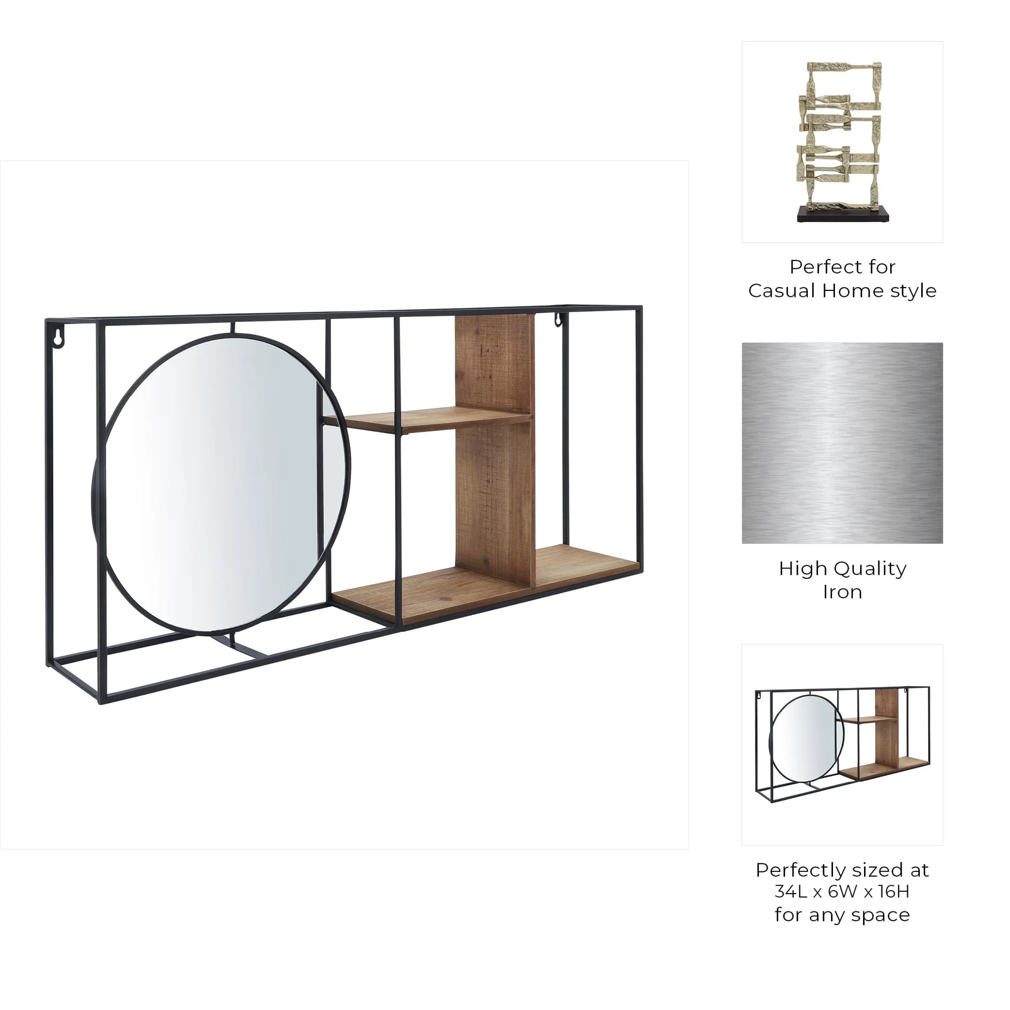 Metal/wood 34"l Wall Shelf With Mirror, Black/brow - Image 9