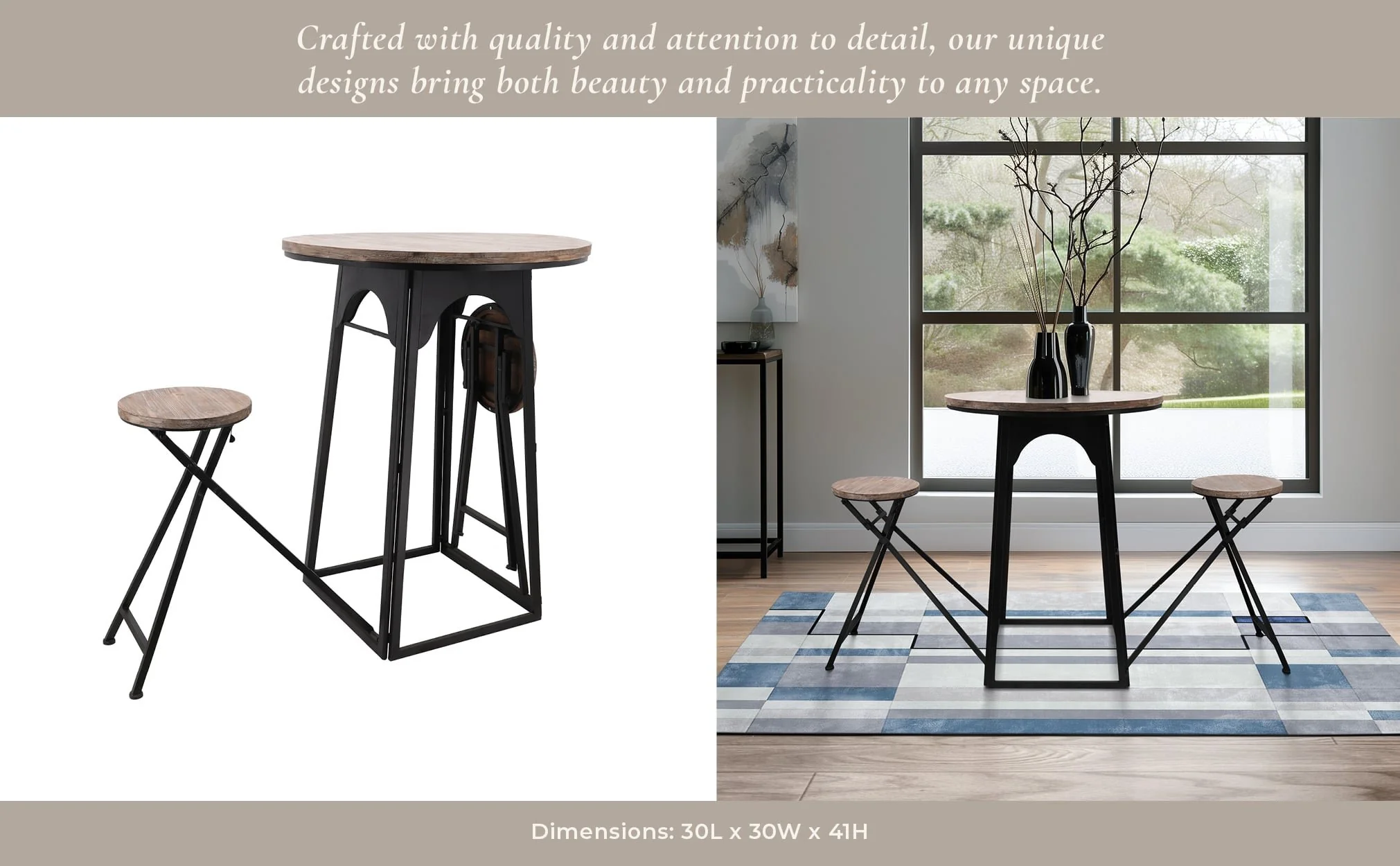 Metal/wood, 41"h Table W/ Folding Chairs, Brown - Image 9