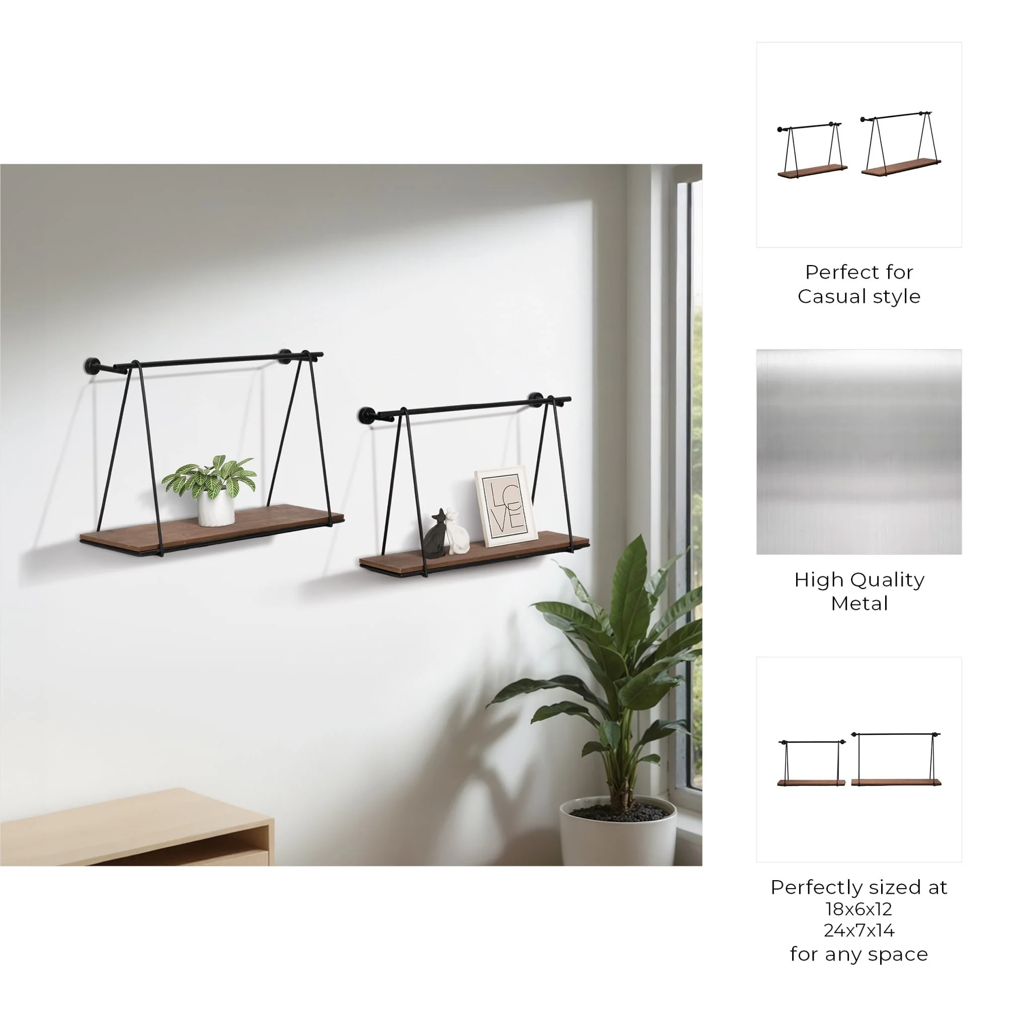 Metal/wood, S/2 12/14"h Swing Like Wall Shelves, B - Image 7