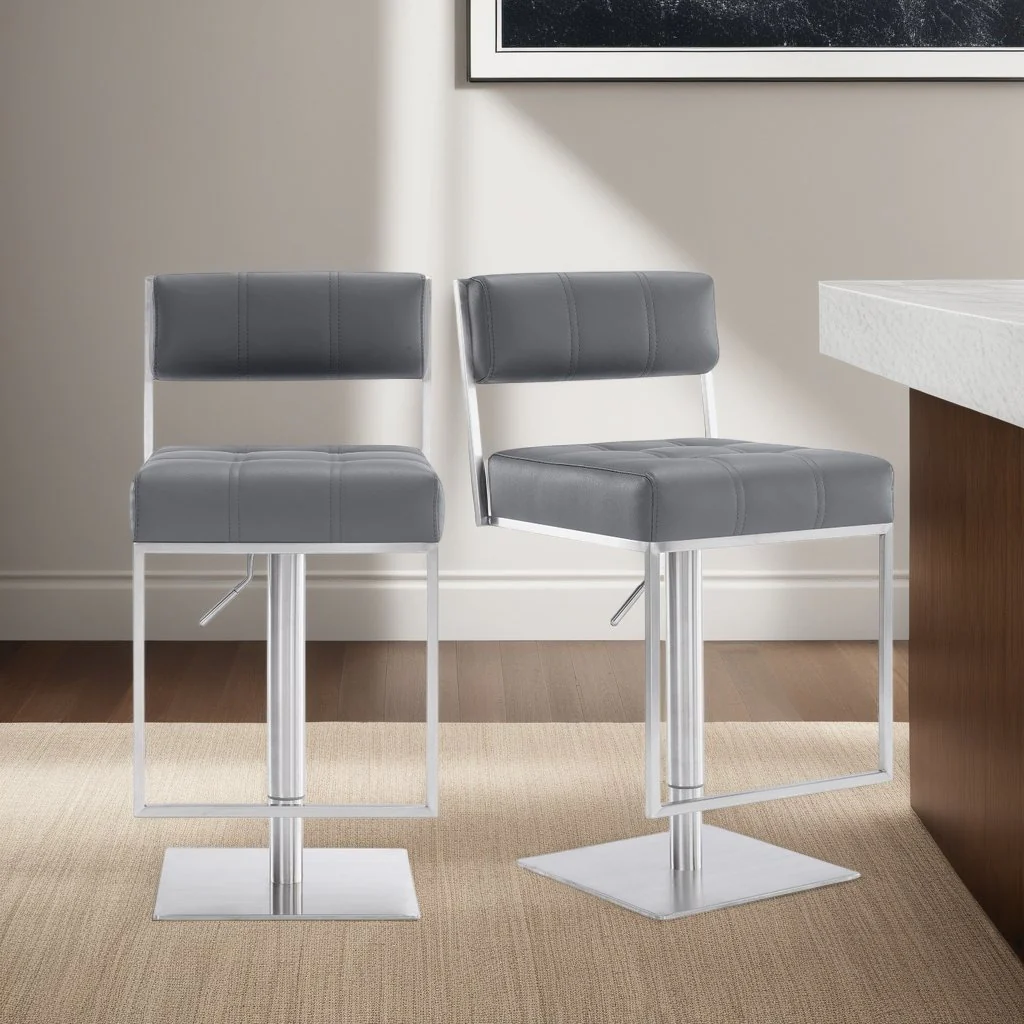 Michele Swivel Adjustable Height Gray Faux Leather and Brushed Stainless Steel Bar Stool - Image 8