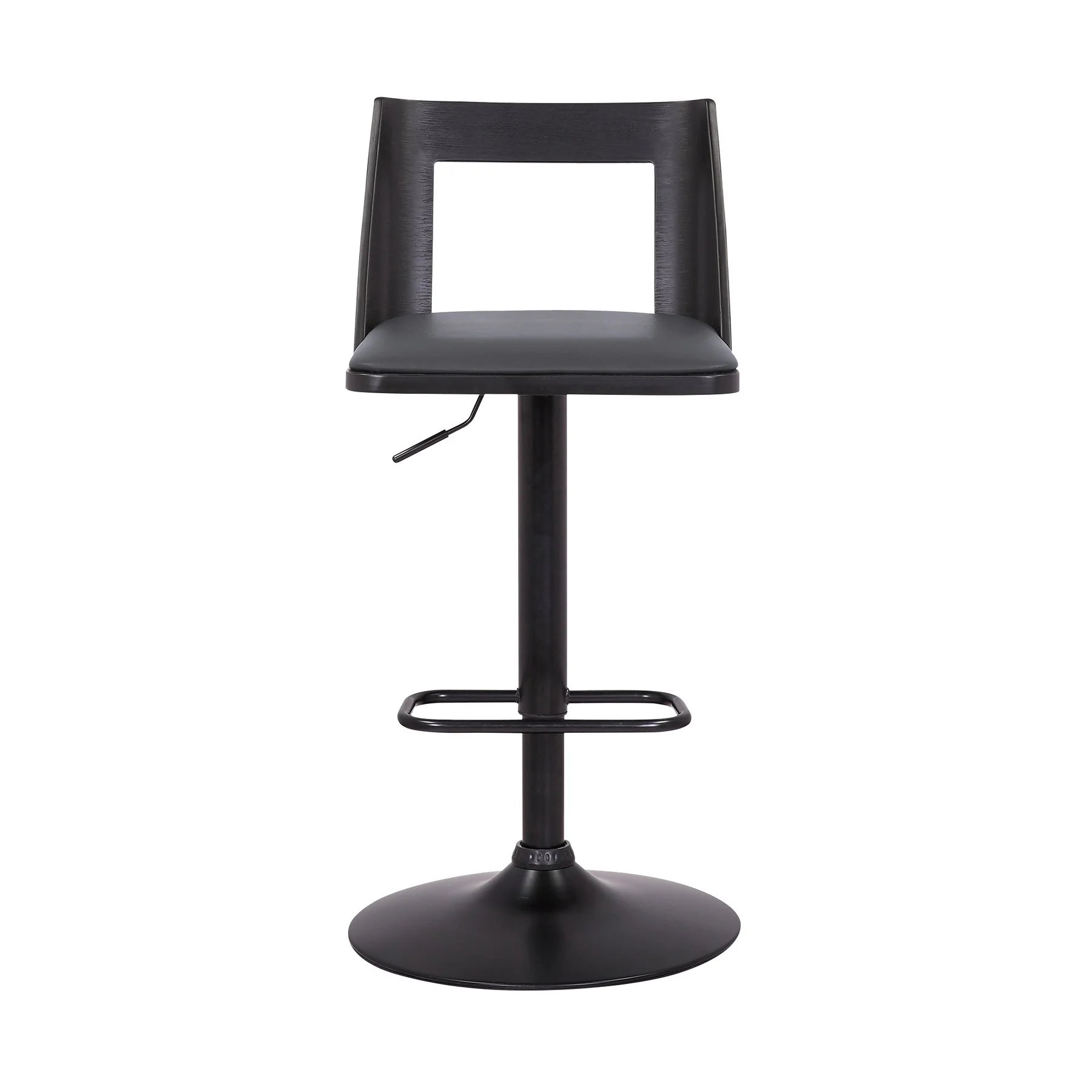 Milan Adjustable Swivel Gray Faux Leather and Black Wood Bar Stool with Black Base - Image 2