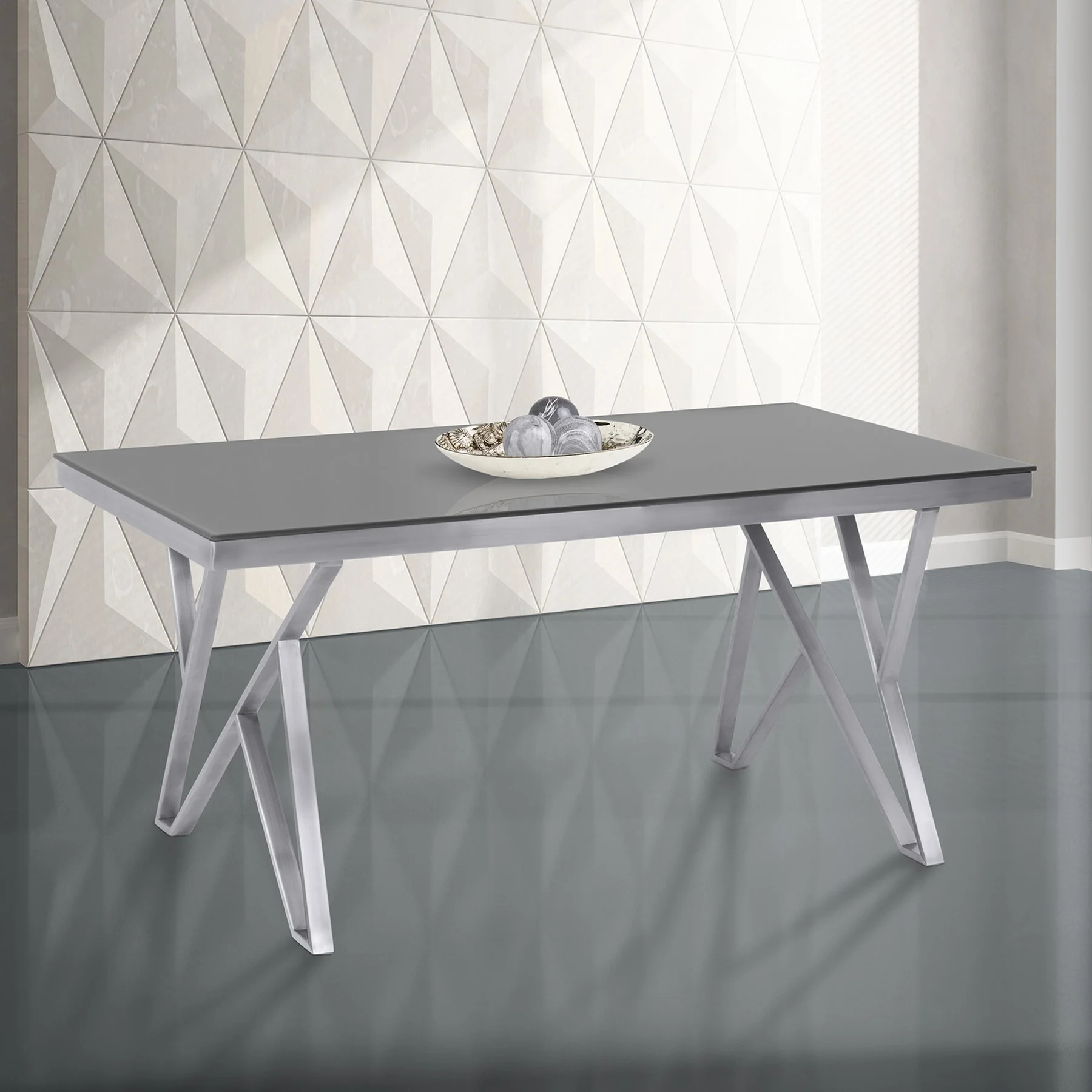 Mirage Contemporary Dining Table in Brushed Stainless Steel and Gray Tempered Glass Top - Image 3