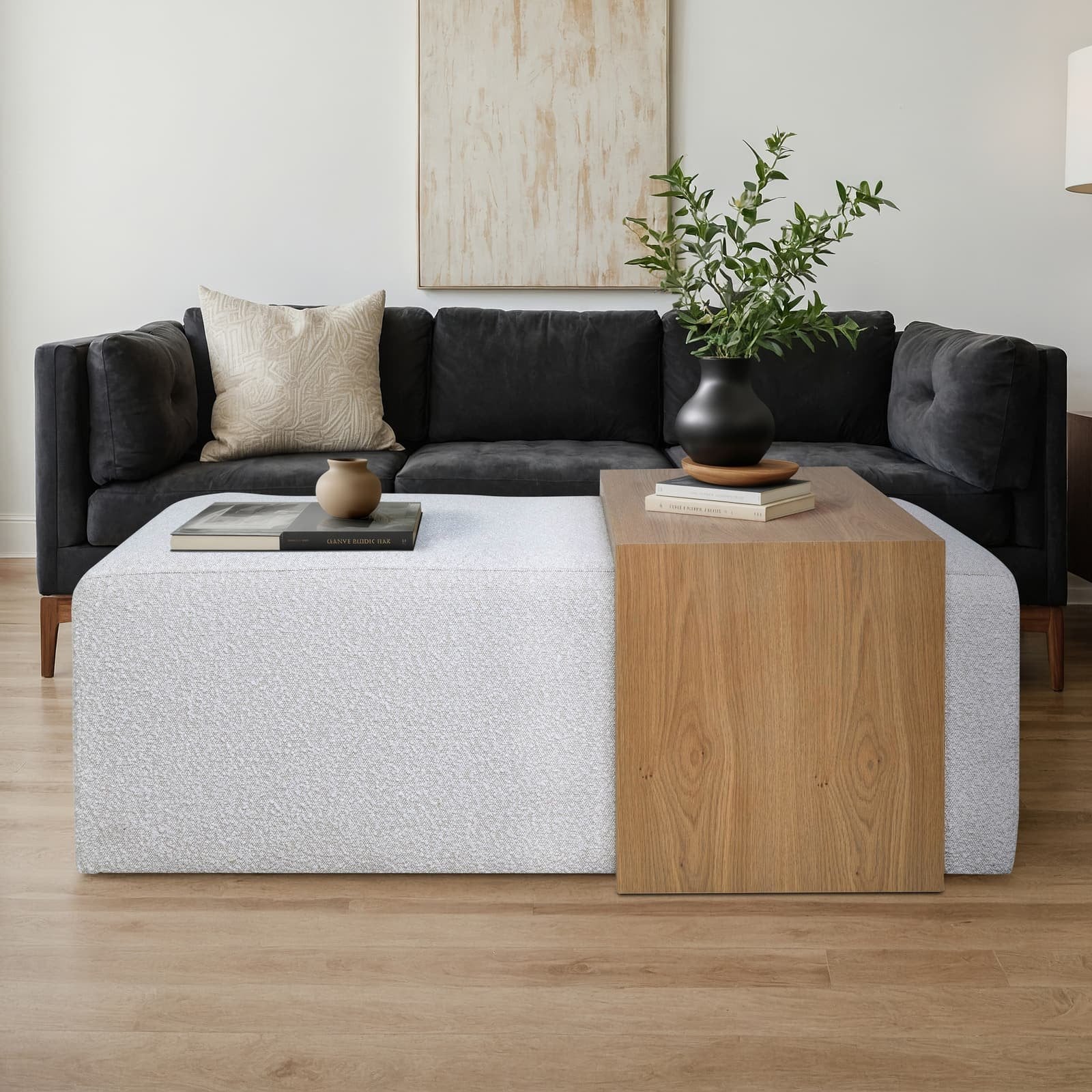 Modern Rectangular Ottoma, Wood Accent, Ivory - Image 10