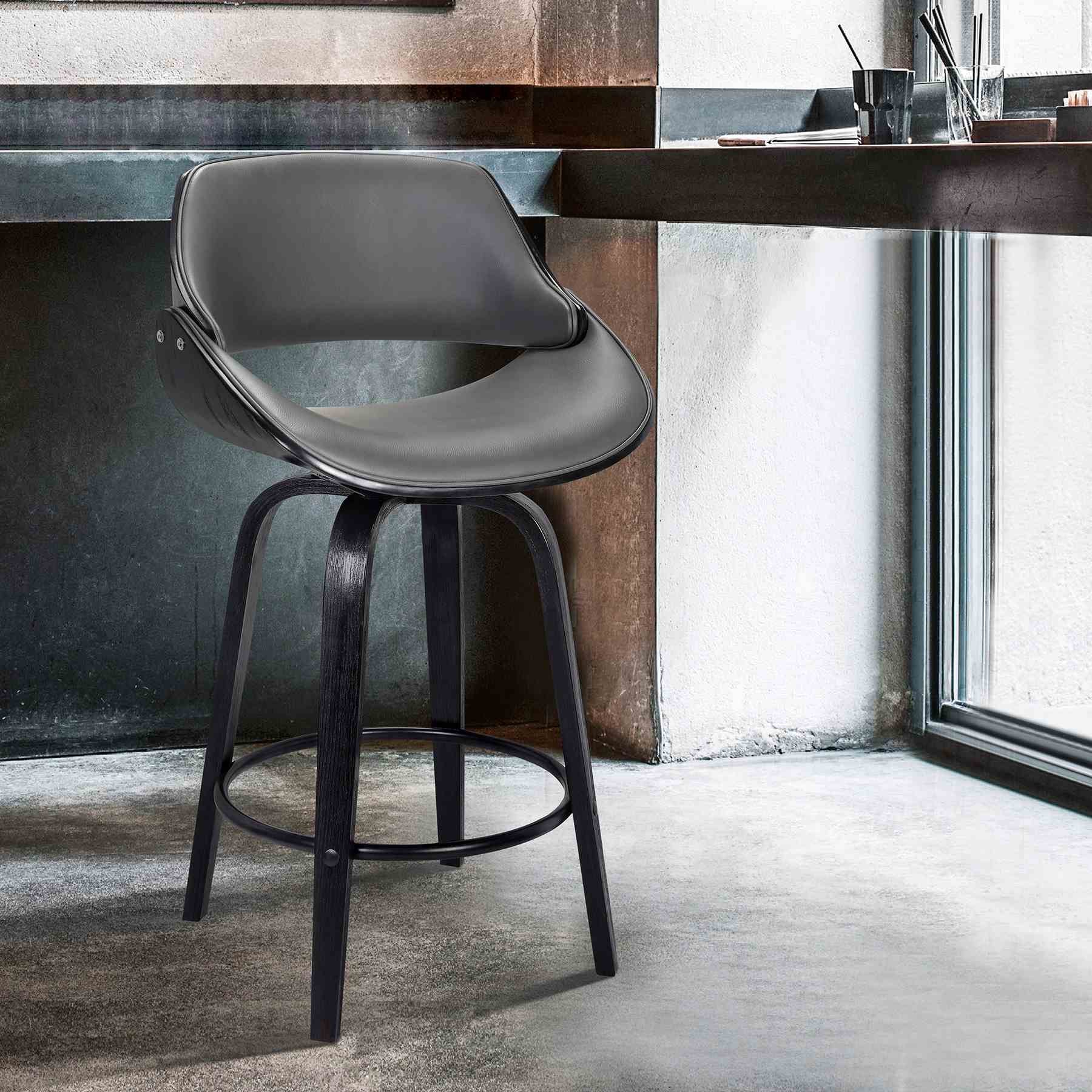 Mona 26" Counter Height Swivel Gray Faux Leather and Black Wood Bar Stool - Image 6