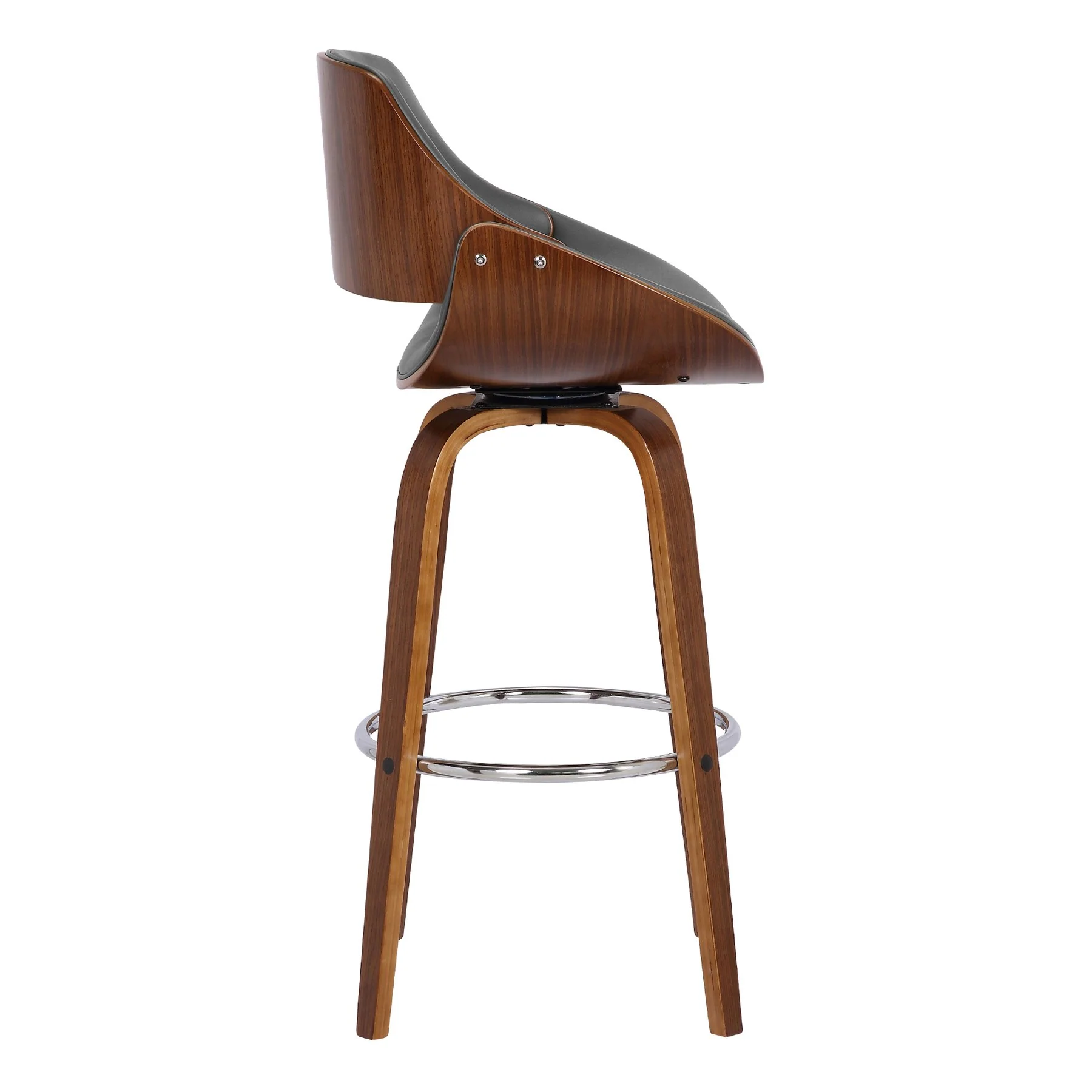 Mona 30" Bar Height Swivel Gray Faux Leather and Walnut Wood Bar Stool - Image 3