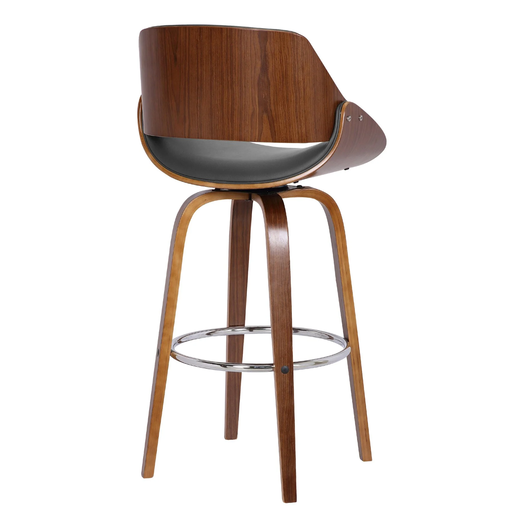 Mona 30" Bar Height Swivel Gray Faux Leather and Walnut Wood Bar Stool - Image 4