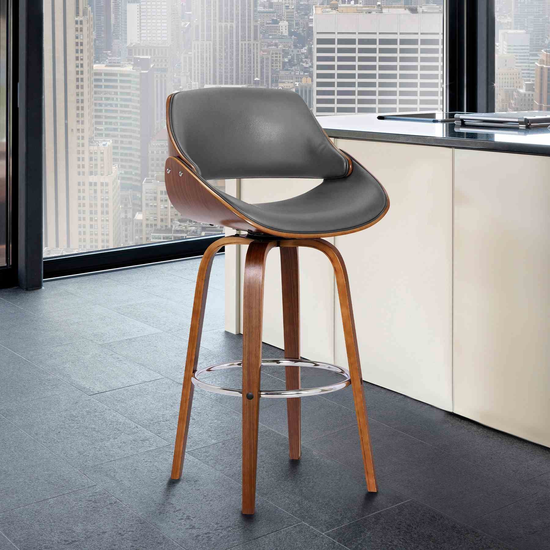 Mona 30" Bar Height Swivel Gray Faux Leather and Walnut Wood Bar Stool - Image 6