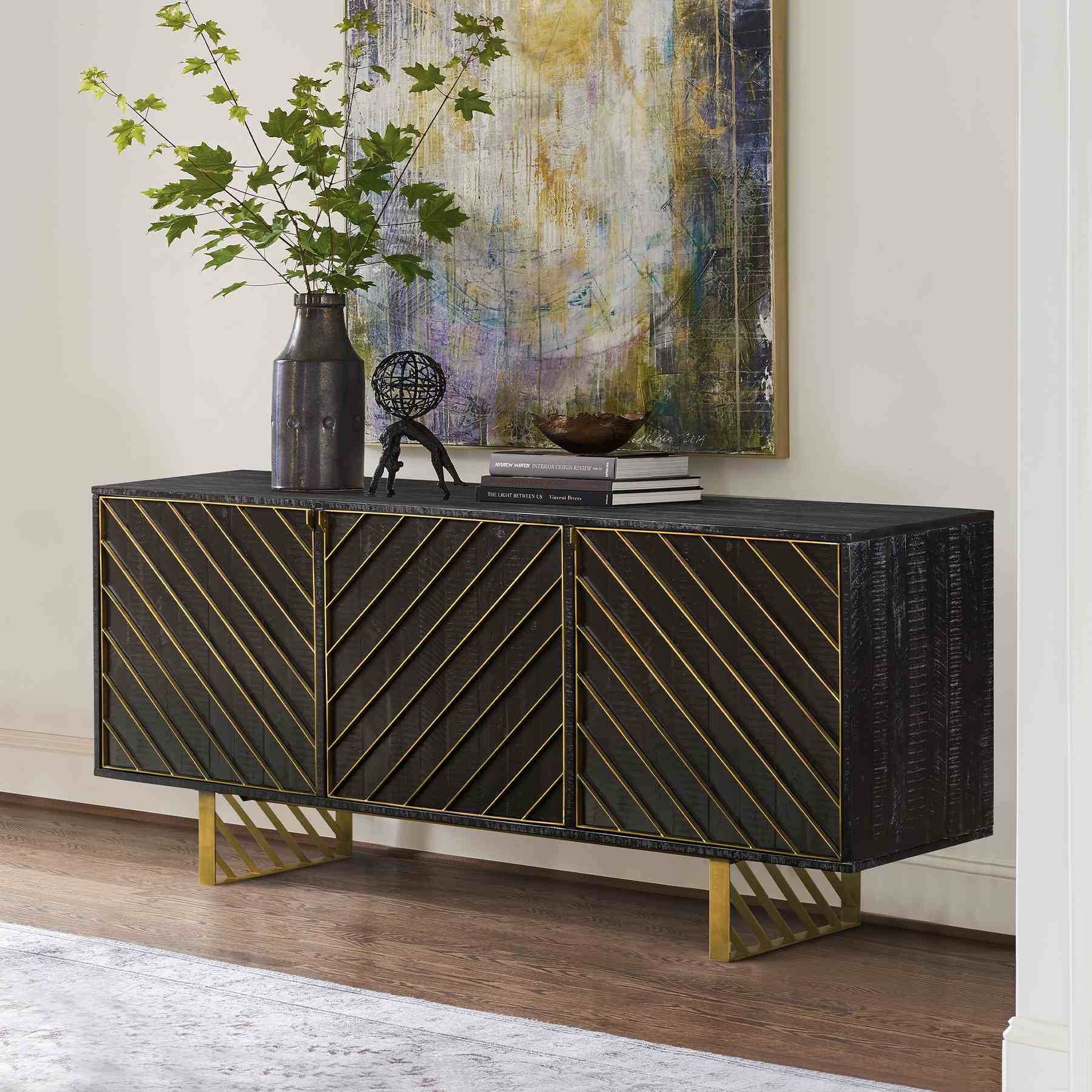 Monaco Rectangular Black Wood Sideboard with Antique Brass Accent - Image 8