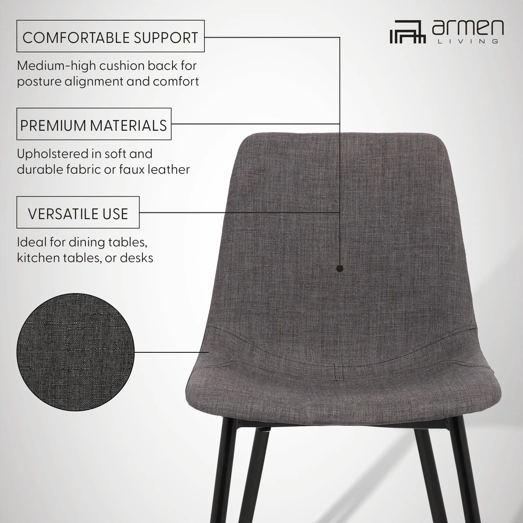 Monte Contemporary Dining Chair in Charcoal Fabric with Black Metal Legs - Image 9