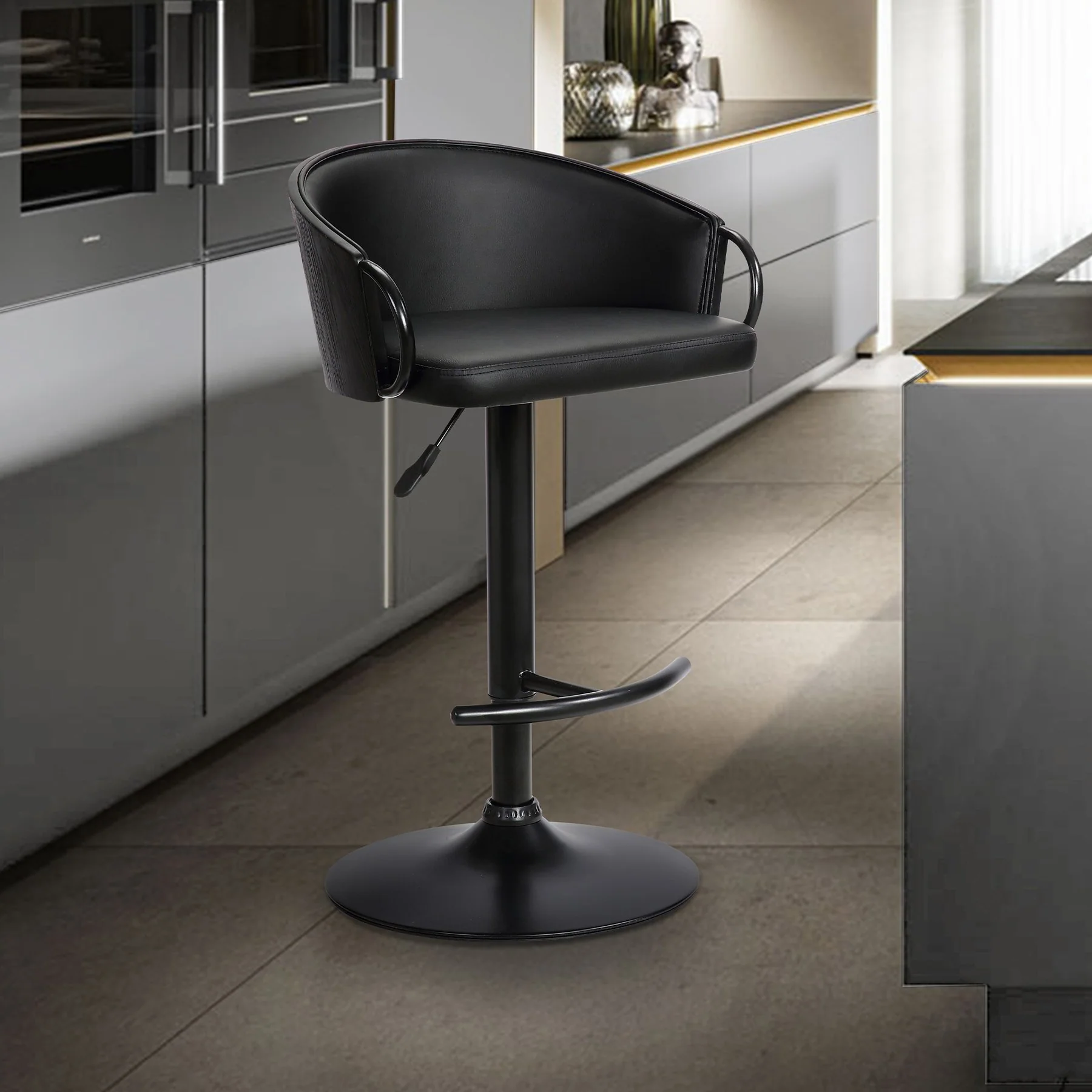 Montego Adjustable Black Faux Leather Swivel Barstool in Black Powder Coated Finish - Image 6