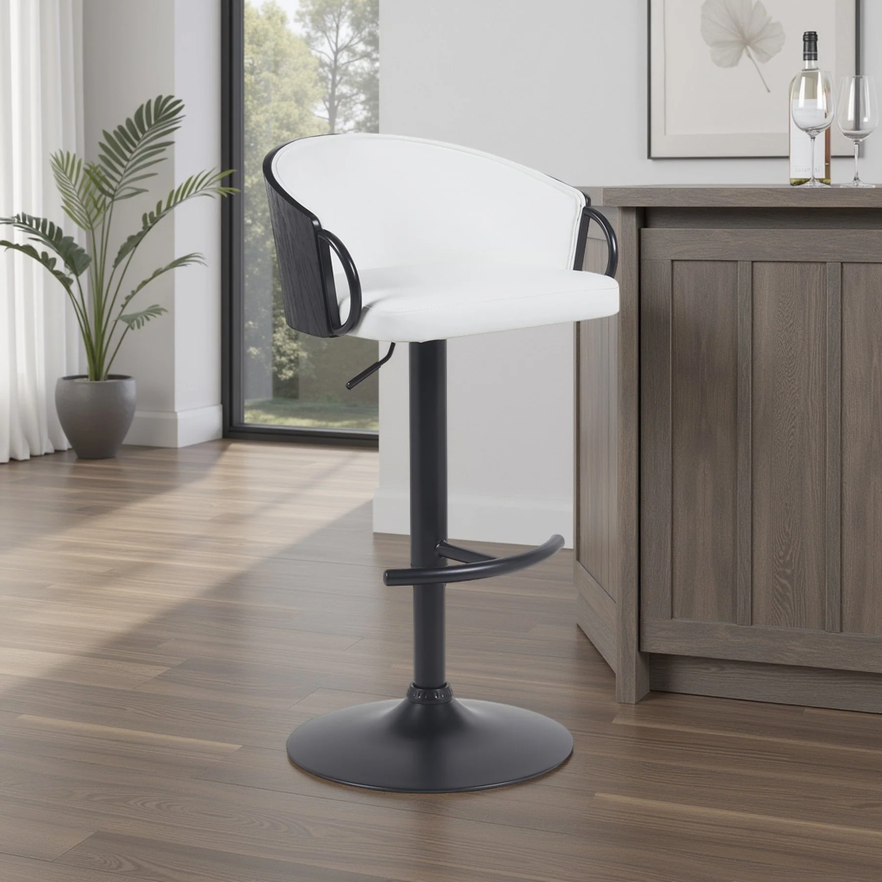 Montego Modern Adjustable Swivel Barstool in Black Powder Coated Finish with Snow White Faux Leather Upholstered Seat - Image 7