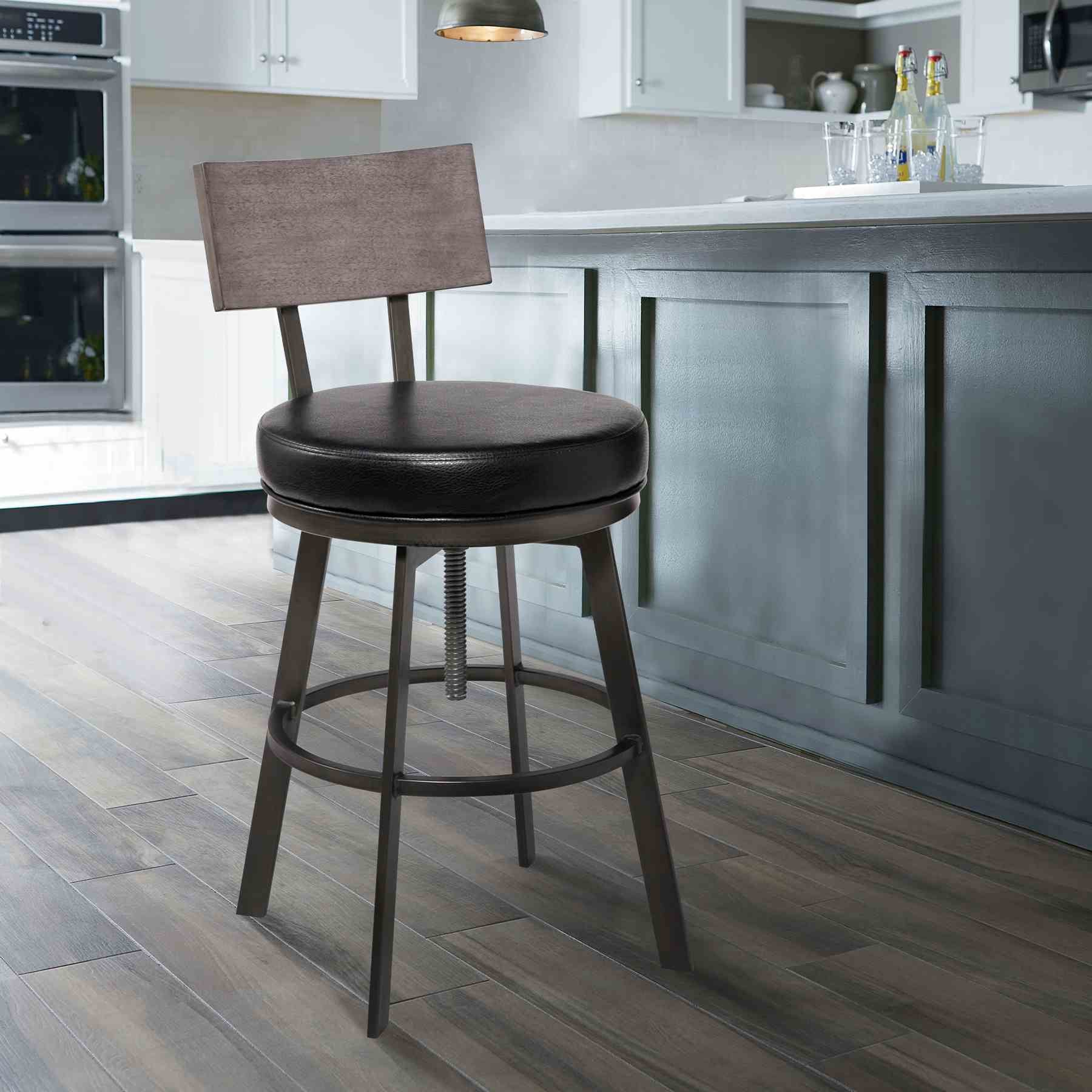 Montreal Mid-Century Adjustable Barstool in Mineral Finish with Black Faux Leather and Gray Walnut Wood Finish Back - Image 6