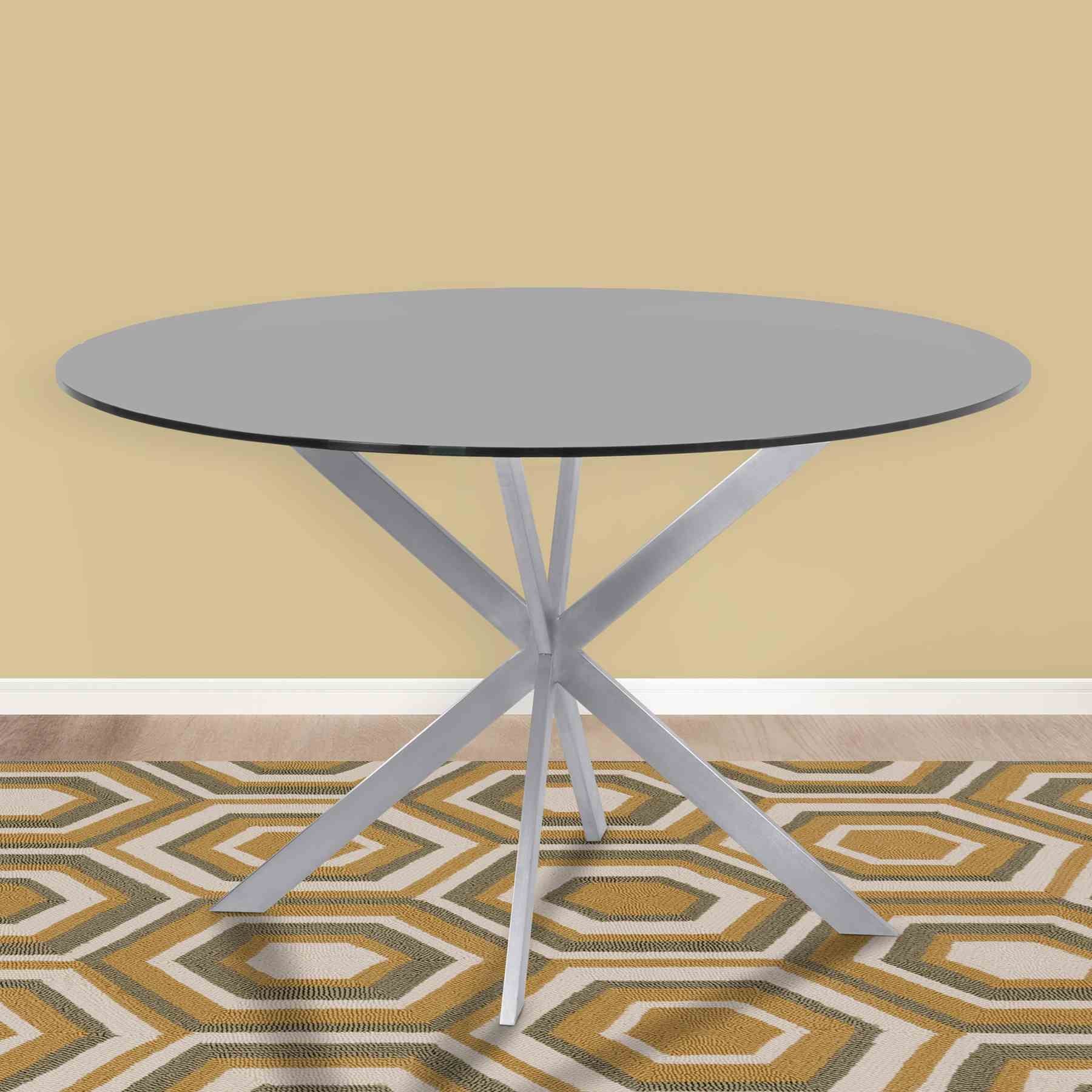 Mystere Round Dining Table in Brushed Stainless Steel with Gray Tempered Glass Top - Image 4