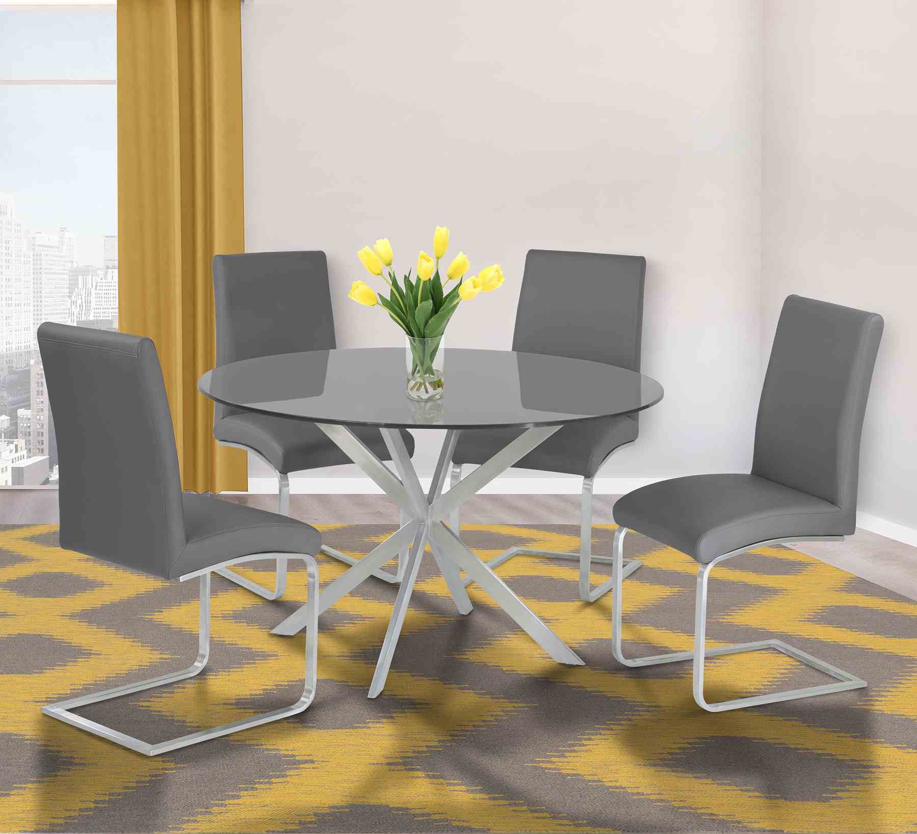 Mystere Round Dining Table in Brushed Stainless Steel with Gray Tempered Glass Top - Image 5
