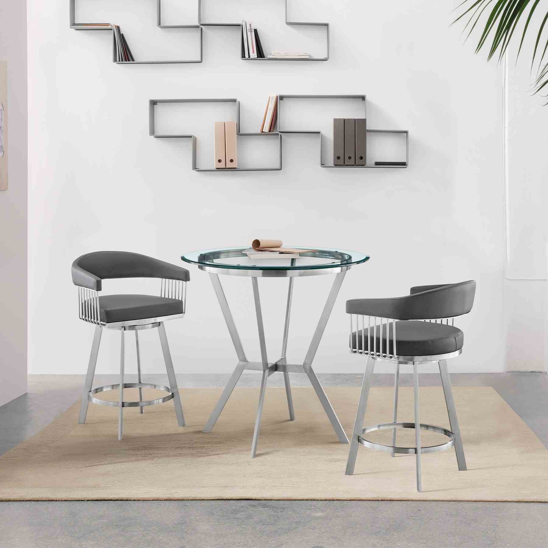 Naomi and Chelsea 3-Piece Counter Height Dining Set in Brushed Stainless Steel and Gray Faux Leather - Image 9