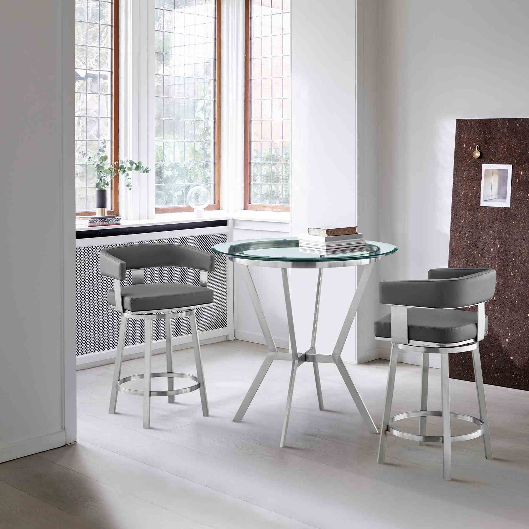 Naomi and Lorin 3-Piece Counter Height Dining Set in Brushed Stainless Steel and Gray Faux Leather - Image 9