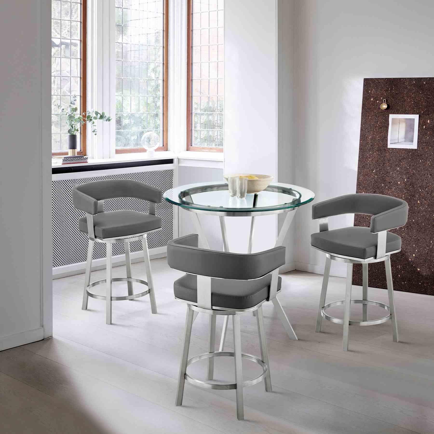 Naomi and Lorin 4-Piece Counter Height Dining Set in Brushed Stainless Steel and Gray Faux Leather - Image 9