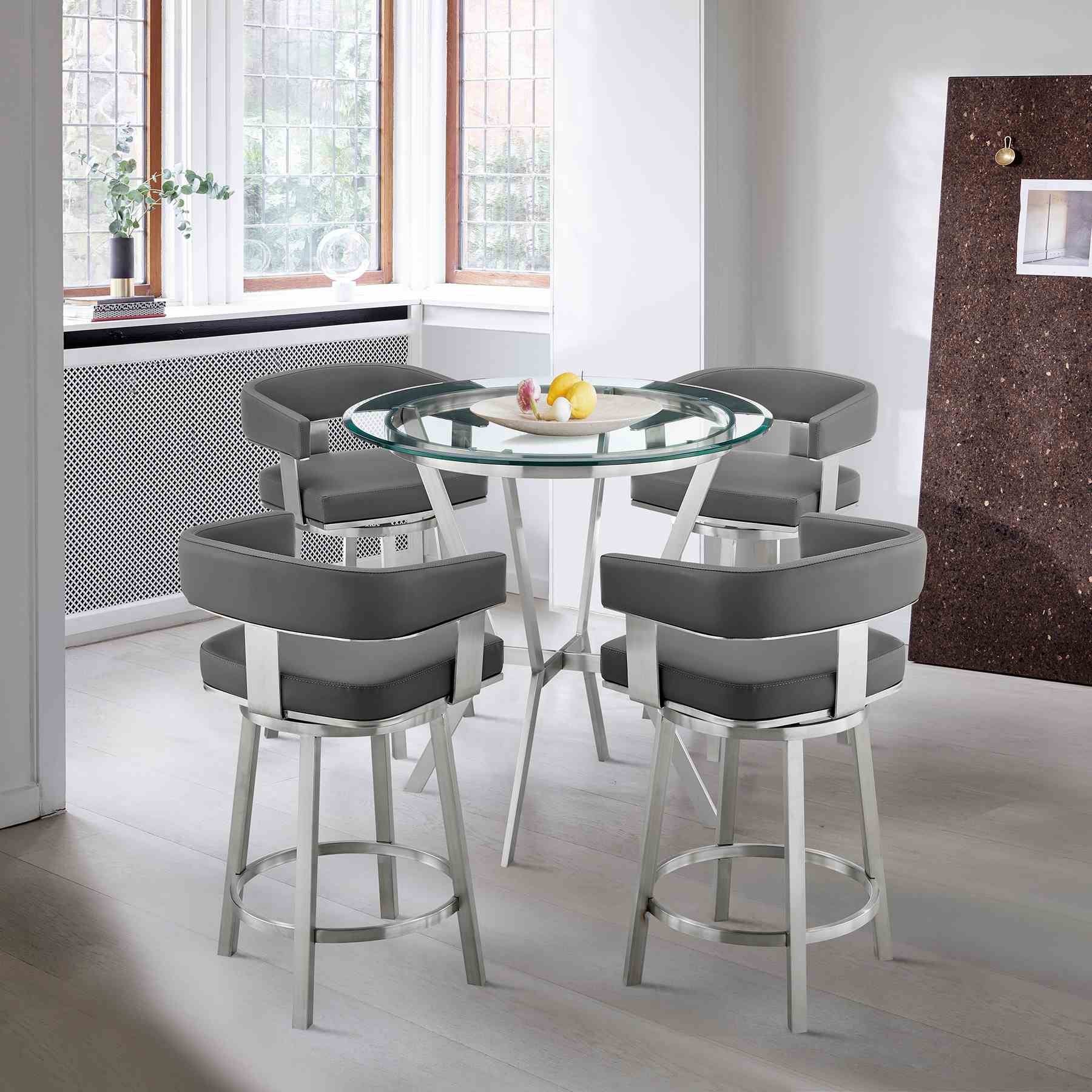 Naomi and Lorin 5-Piece Counter Height Dining Set in Brushed Stainless Steel and Gray Faux Leather - Image 9