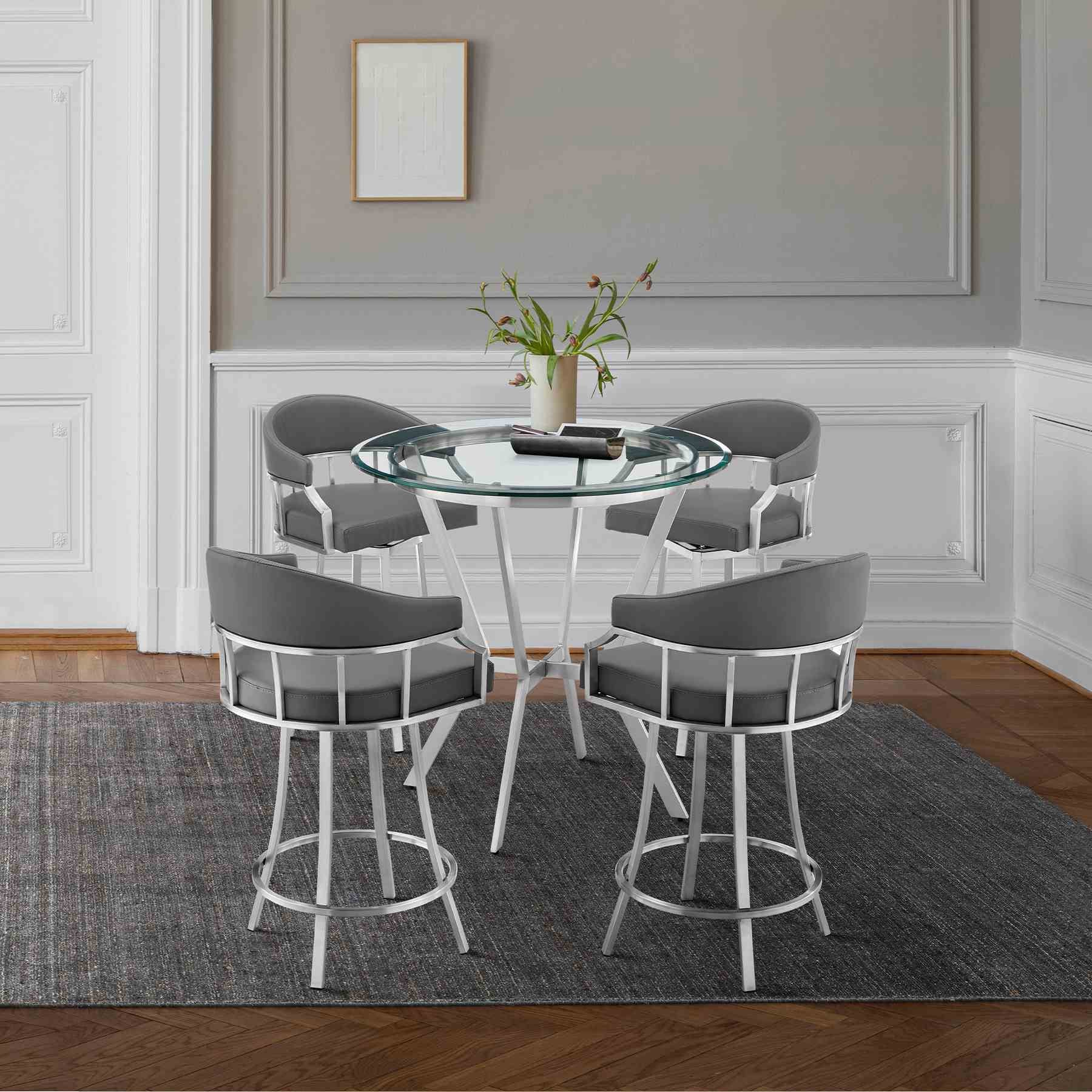 Naomi and Valerie 5-Piece Counter Height Dining Set in Brushed Stainless Steel and Gray Faux Leather - Image 9