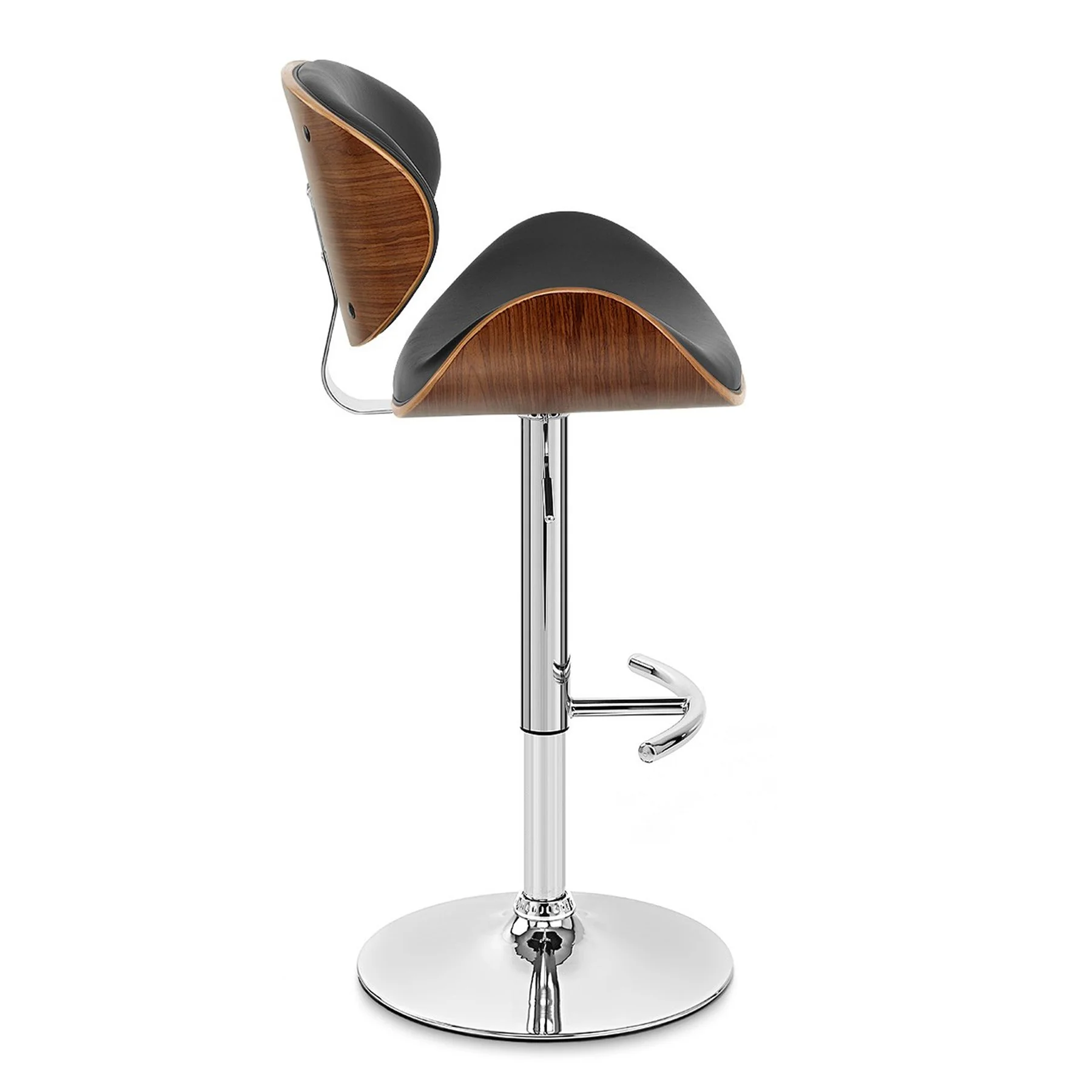 Naples Black Faux Leather Adjustable Height Swivel Walnut Wood and Chrome Base Bar Stool - Image 3