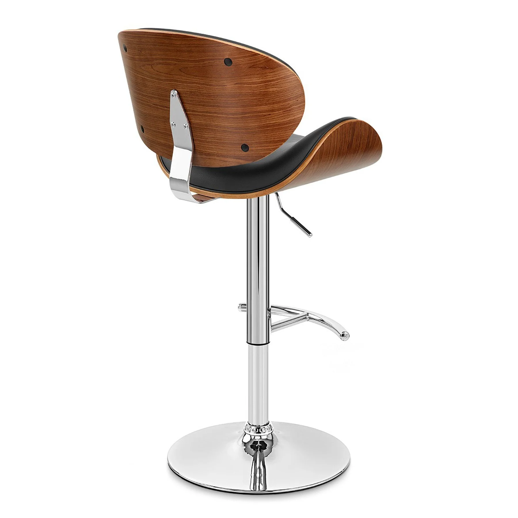 Naples Black Faux Leather Adjustable Height Swivel Walnut Wood and Chrome Base Bar Stool - Image 4