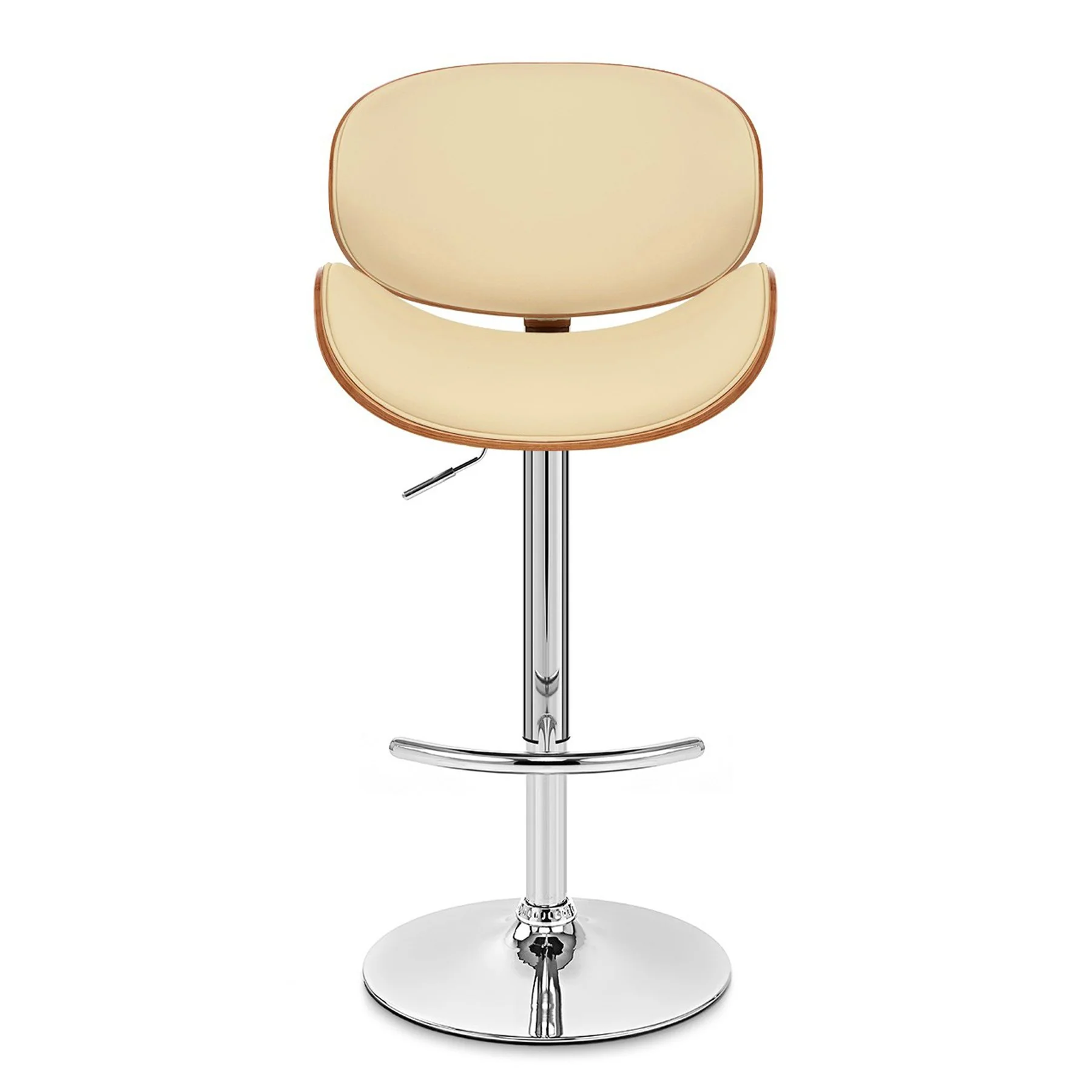 Naples Cream Faux Leather Adjustable Height Swivel Walnut Wood and Chrome Base Bar Stool - Image 2