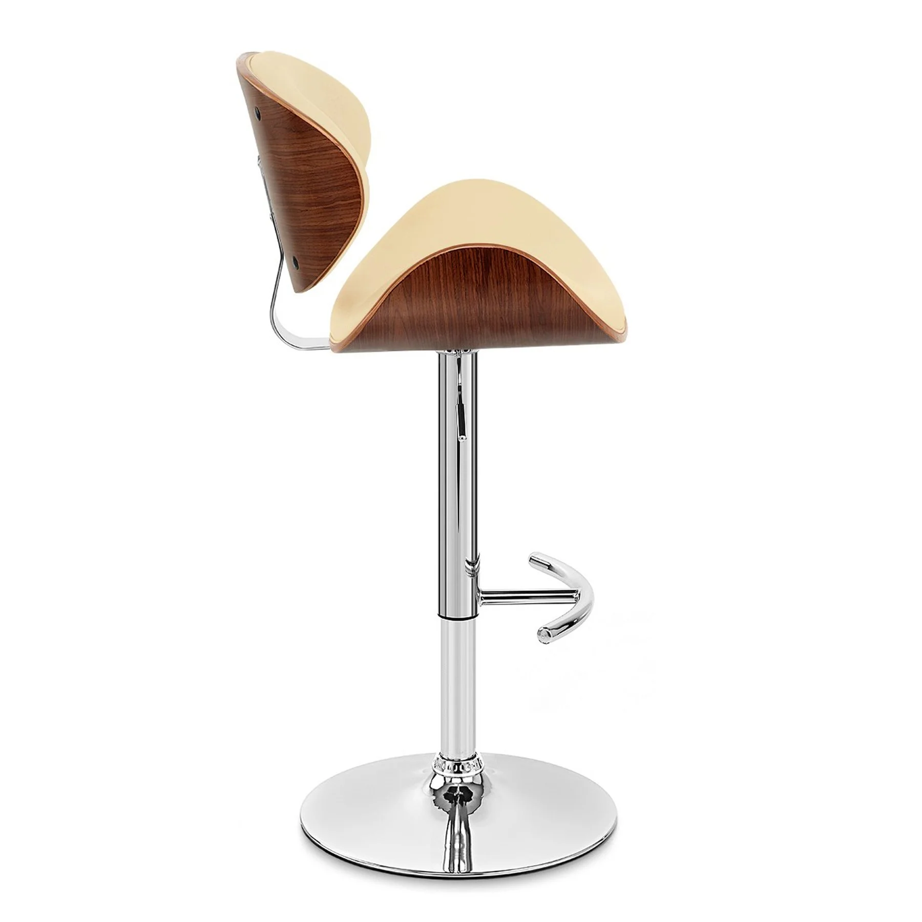 Naples Cream Faux Leather Adjustable Height Swivel Walnut Wood and Chrome Base Bar Stool - Image 3