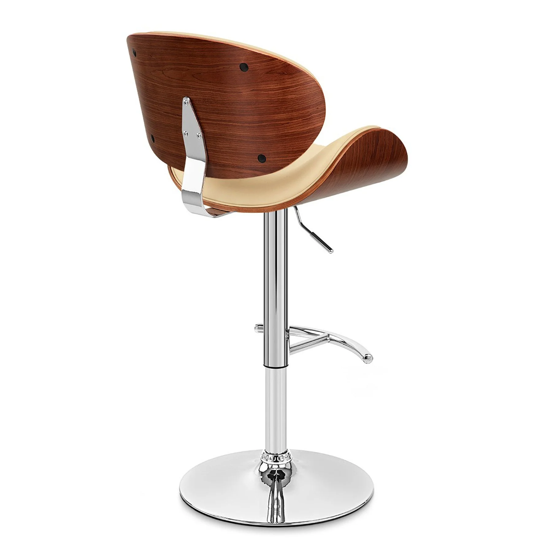 Naples Cream Faux Leather Adjustable Height Swivel Walnut Wood and Chrome Base Bar Stool - Image 4