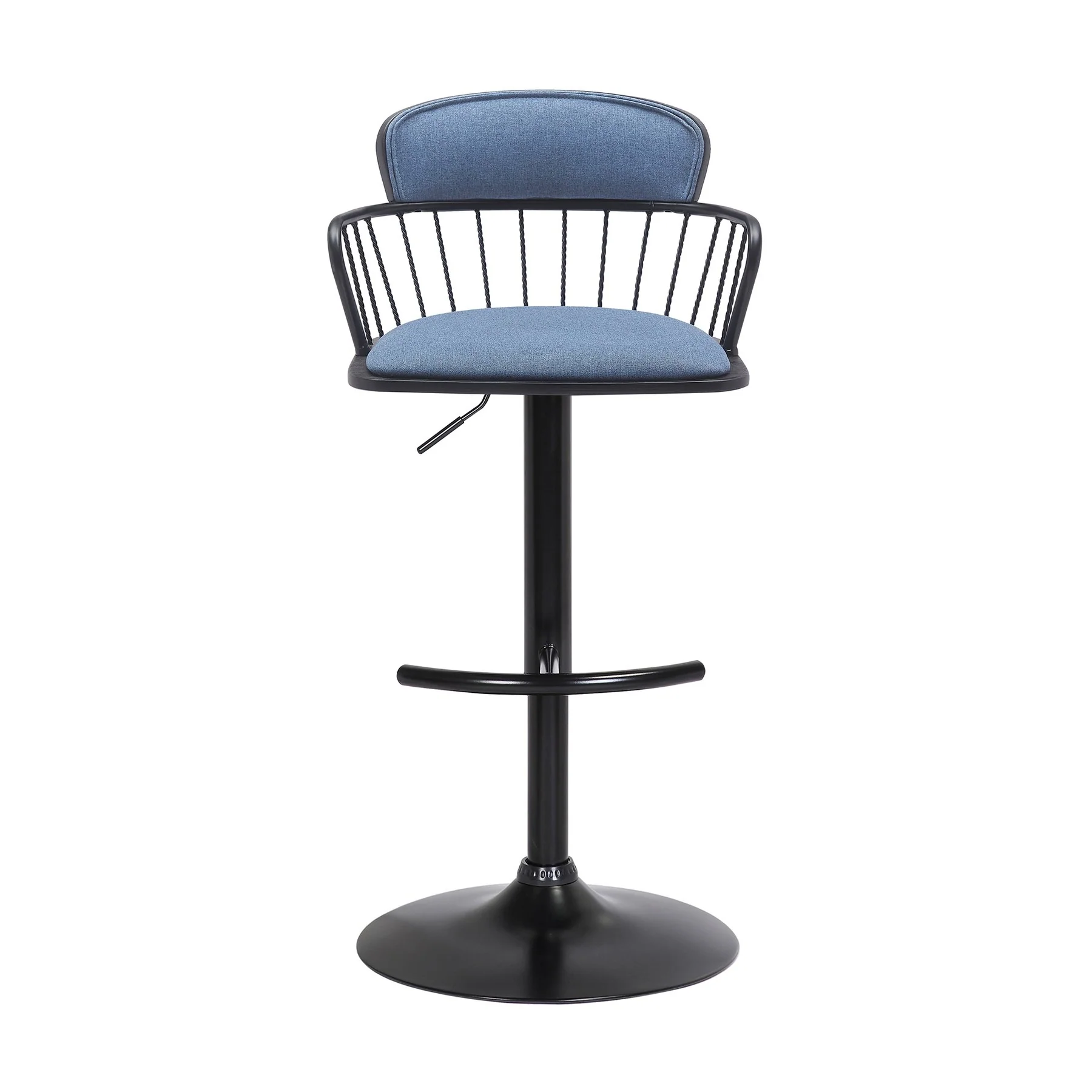 Nash Adjustable Black Wood Bar Stool in Blue Fabric with Black Metal - Image 2