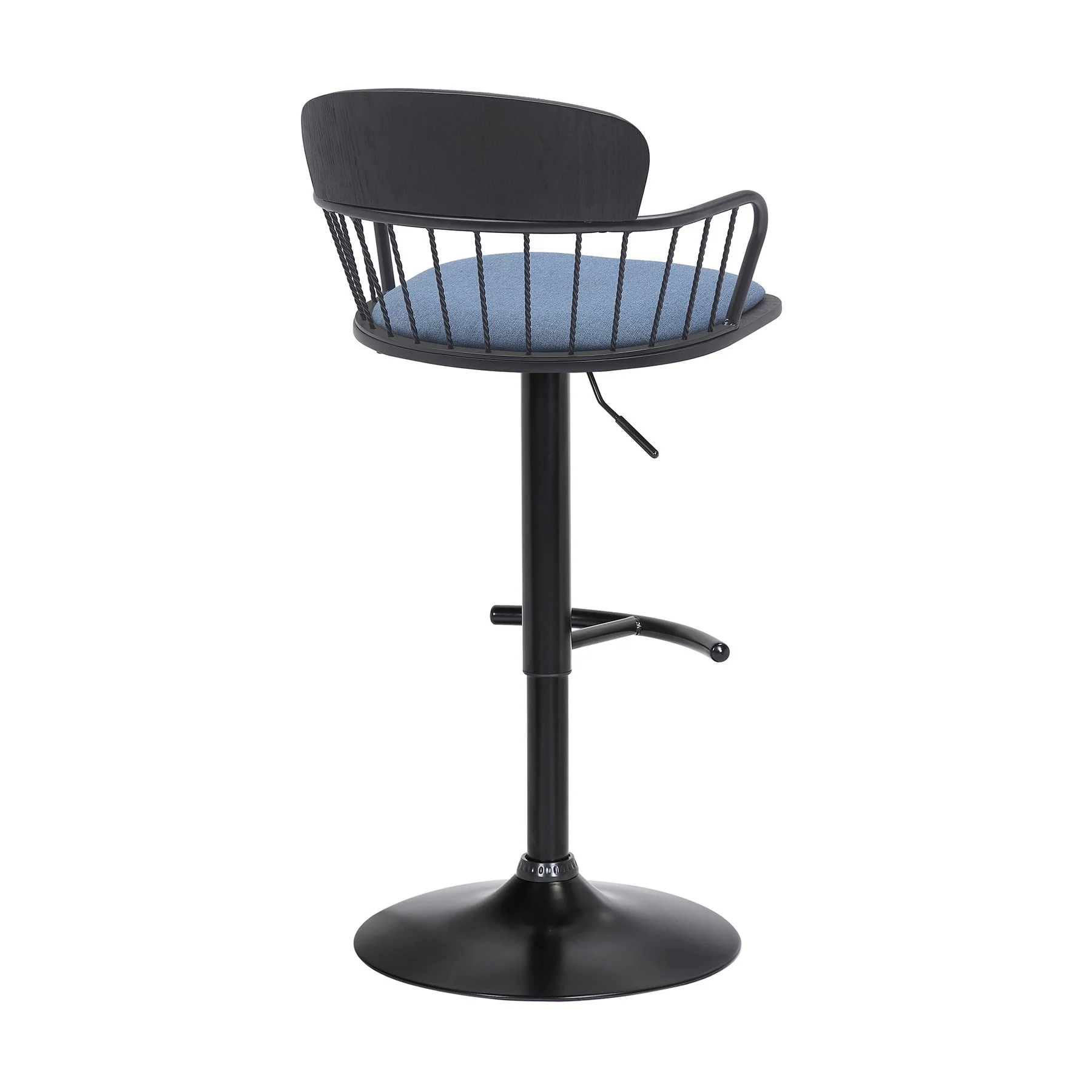 Nash Adjustable Black Wood Bar Stool in Blue Fabric with Black Metal - Image 3