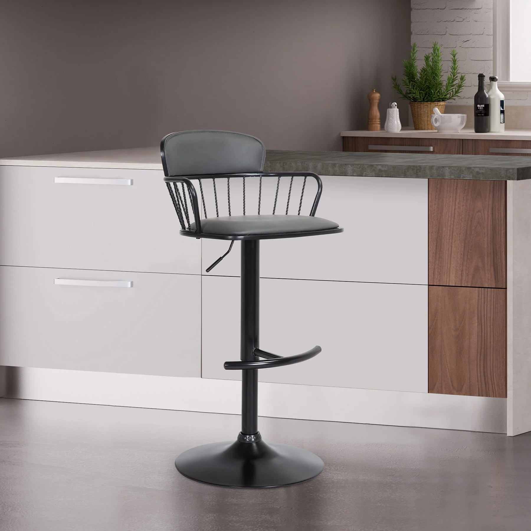 Nash Adjustable Black Wood Bar Stool in Gray Faux Leather with Black Metal - Image 10