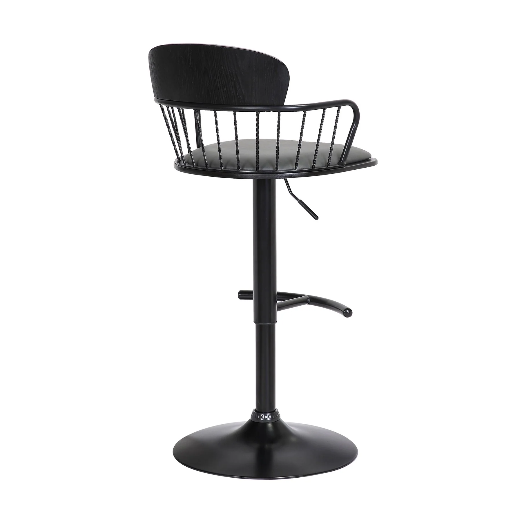 Nash Adjustable Black Wood Bar Stool in Gray Faux Leather with Black Metal - Image 4