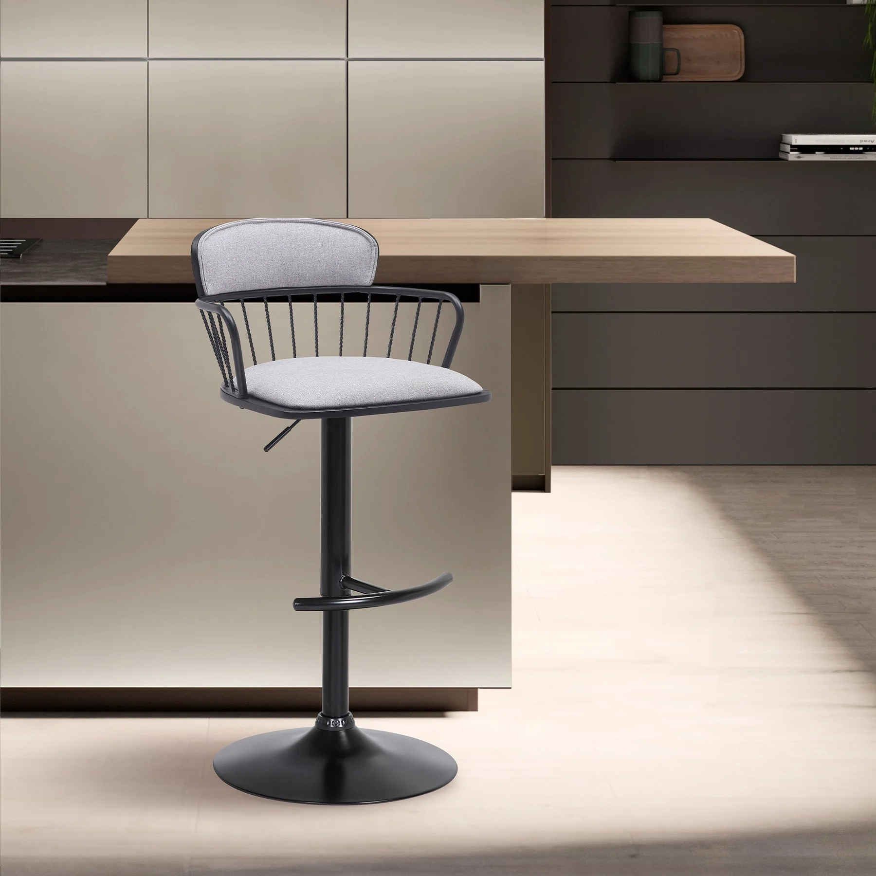 Nash Adjustable Black Wood Bar Stool in Light Gray Fabric with Black Metal - Image 10