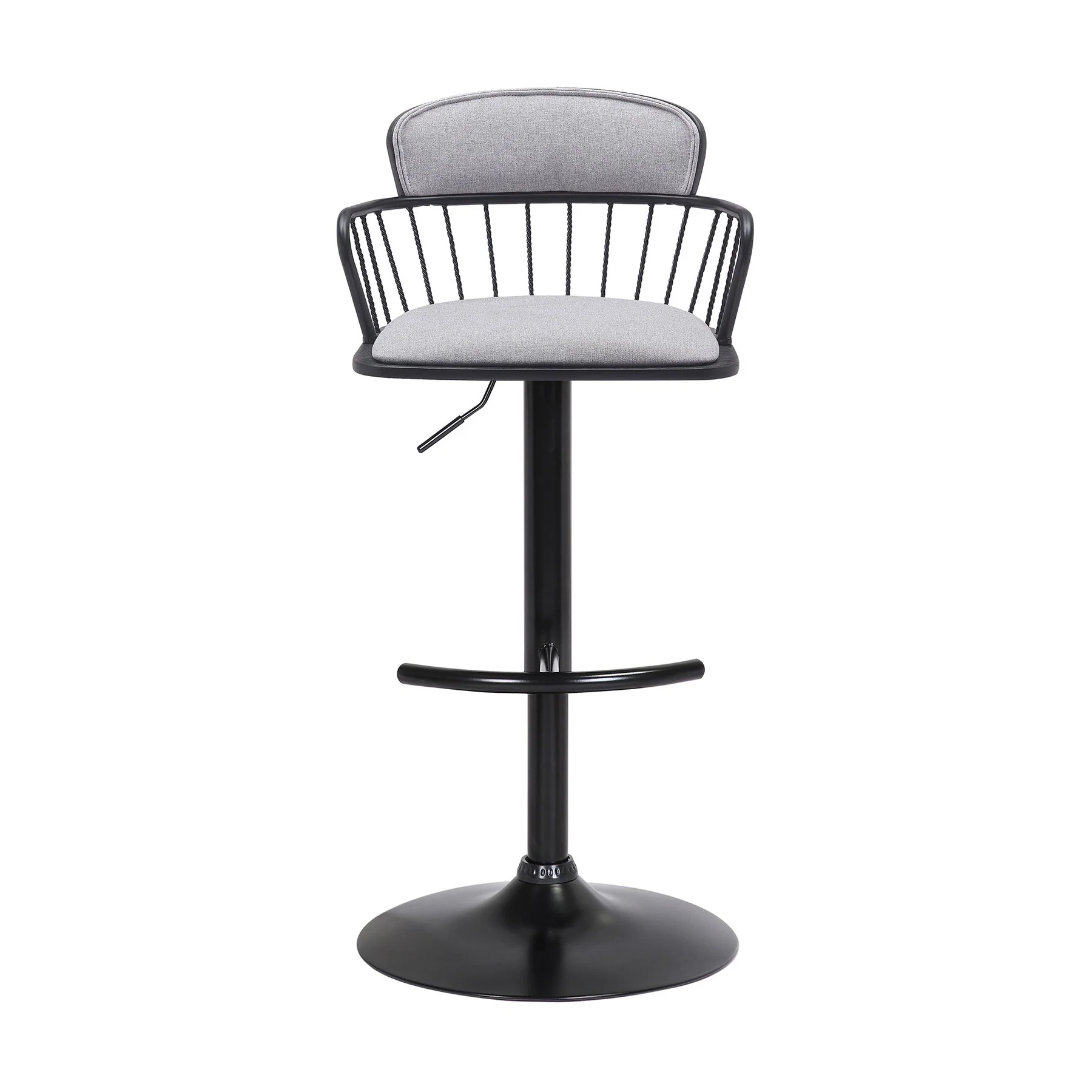 Nash Adjustable Black Wood Bar Stool in Light Gray Fabric with Black Metal - Image 2
