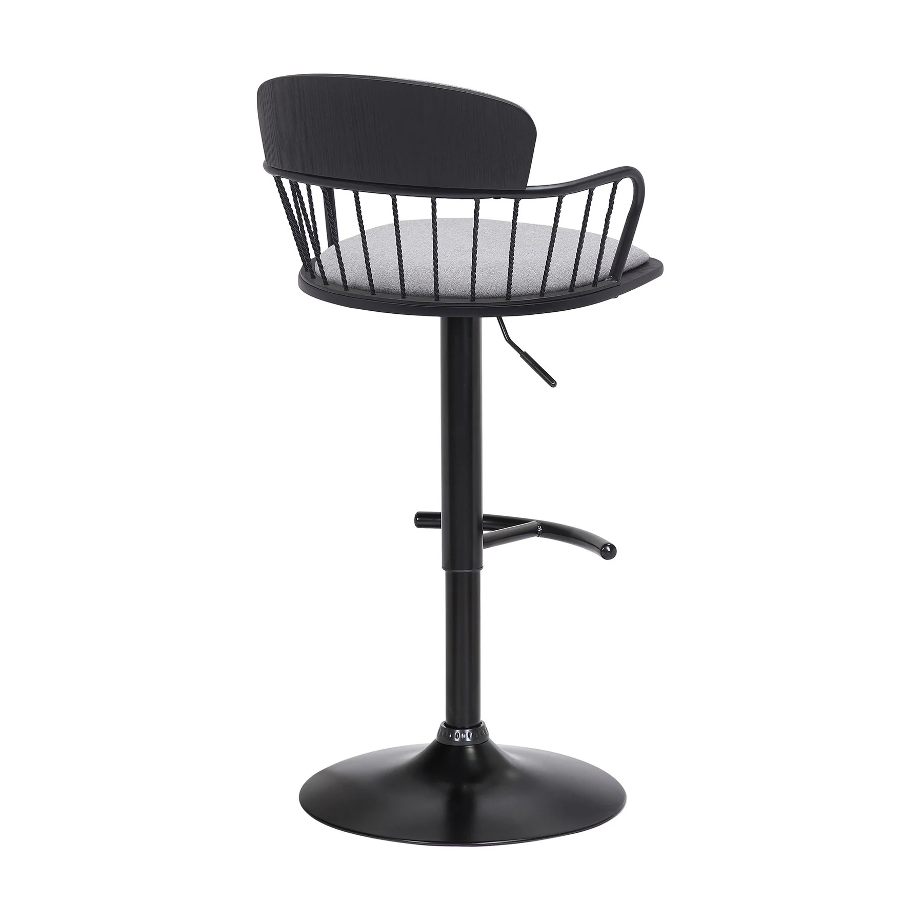 Nash Adjustable Black Wood Bar Stool in Light Gray Fabric with Black Metal - Image 3