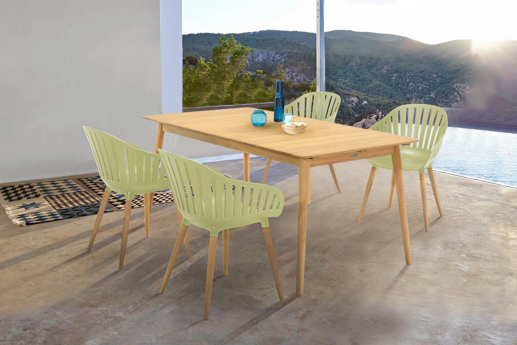 Nassau 5 piece Outdoor Dining Set in Natural Wood Finish Table and Sage Green Arm Chairs - Image 8