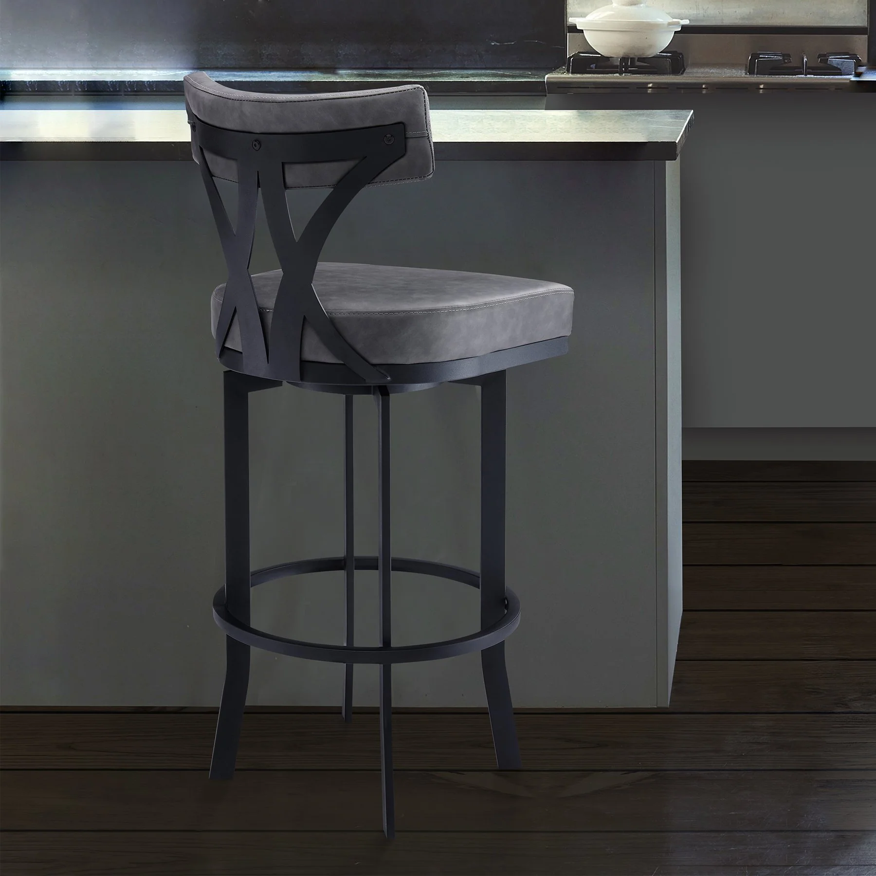Natalie 26" Counter Height Vintage Gray Faux Leather Upholstery and Black Metal Bar Stool - Image 8