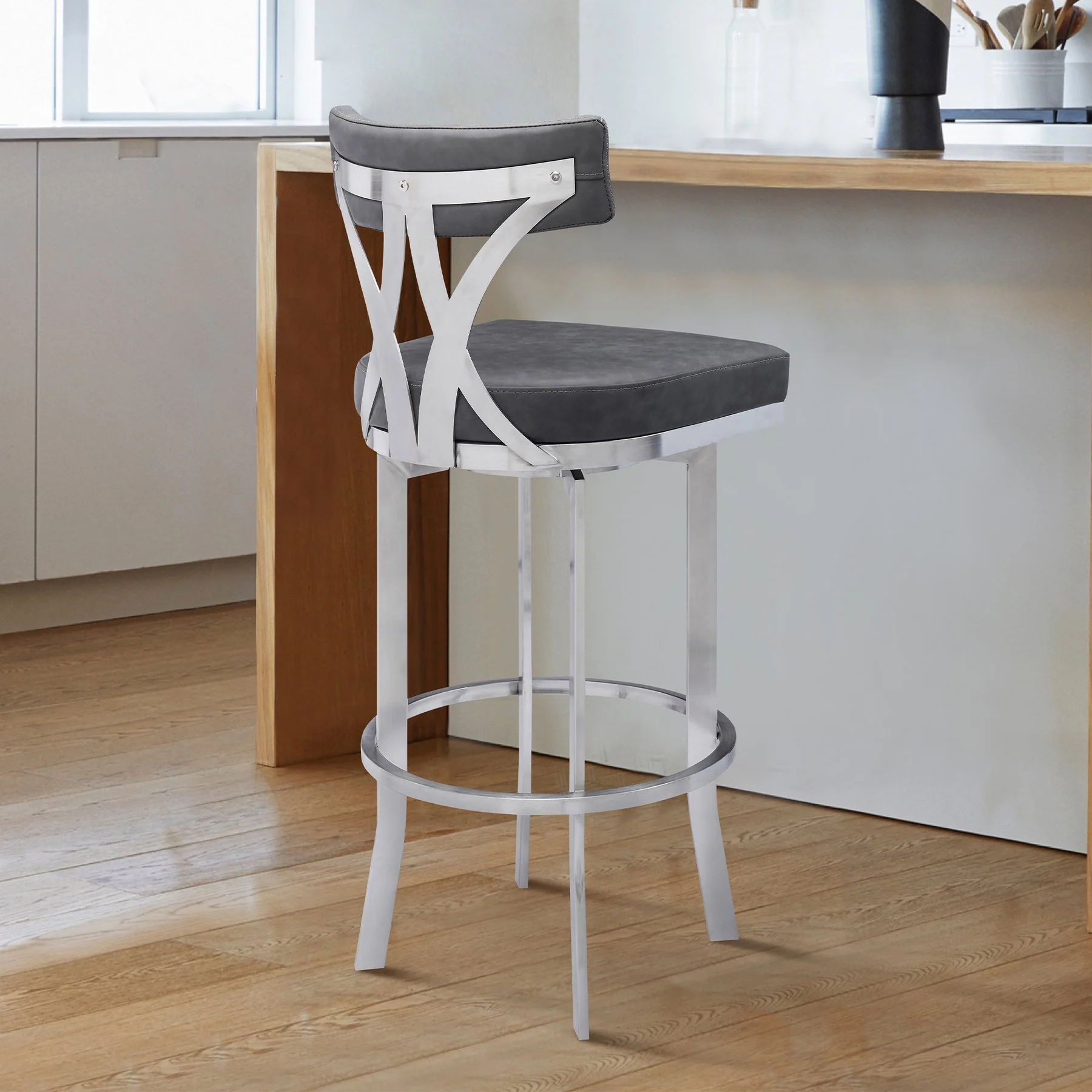 Natalie 26" Counter Height Vintage Gray Faux Leather Upholstery and Brushed Stainless Steel Bar Stool - Image 8