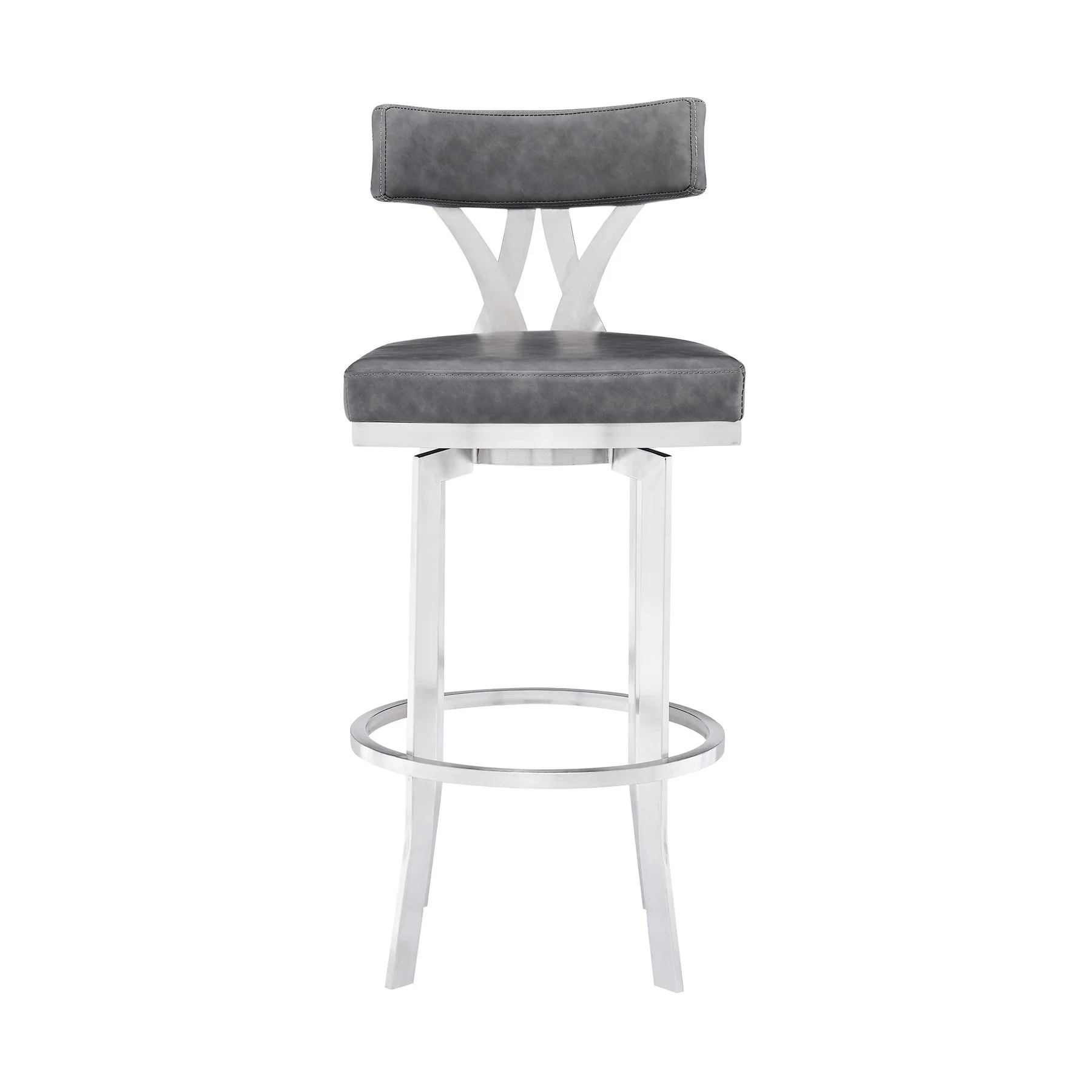 Natalie 30" Bar Height Vintage Gray Faux Leather Upholstery and Brushed Stainless Steel Bar Stool - Image 2