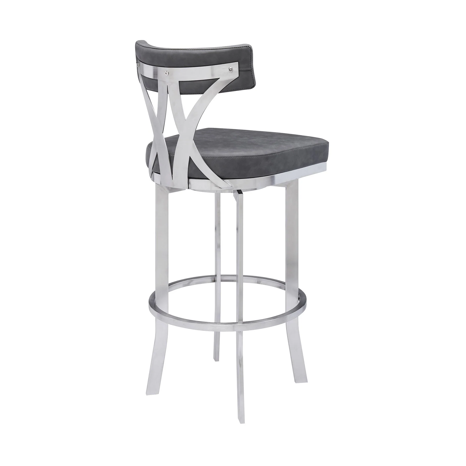 Natalie 30" Bar Height Vintage Gray Faux Leather Upholstery and Brushed Stainless Steel Bar Stool - Image 3