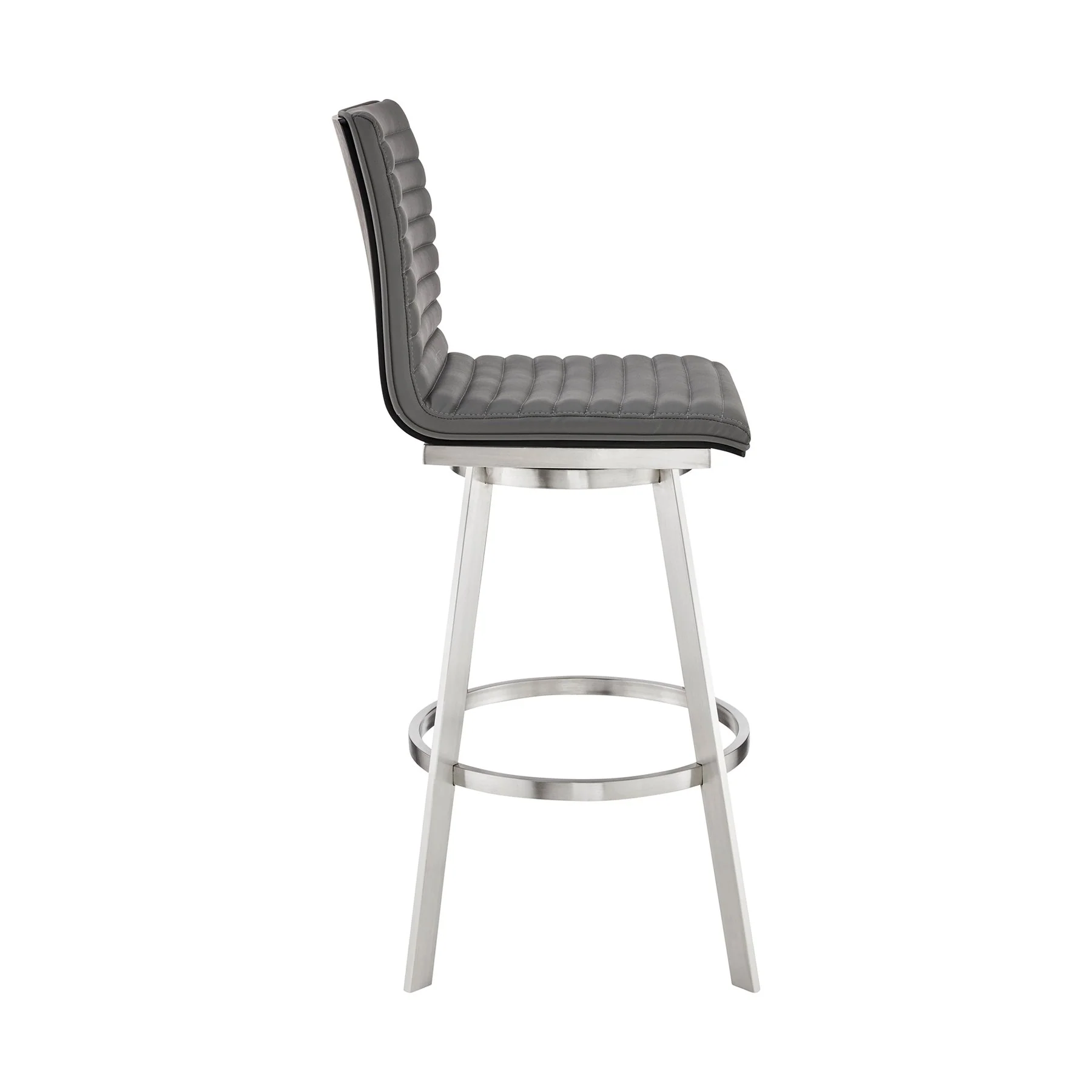 Nikole 26" Counter Height Black Swivel Bar Stool in Brushed Stainless Steel Finish and Gray Faux Leather - Image 3