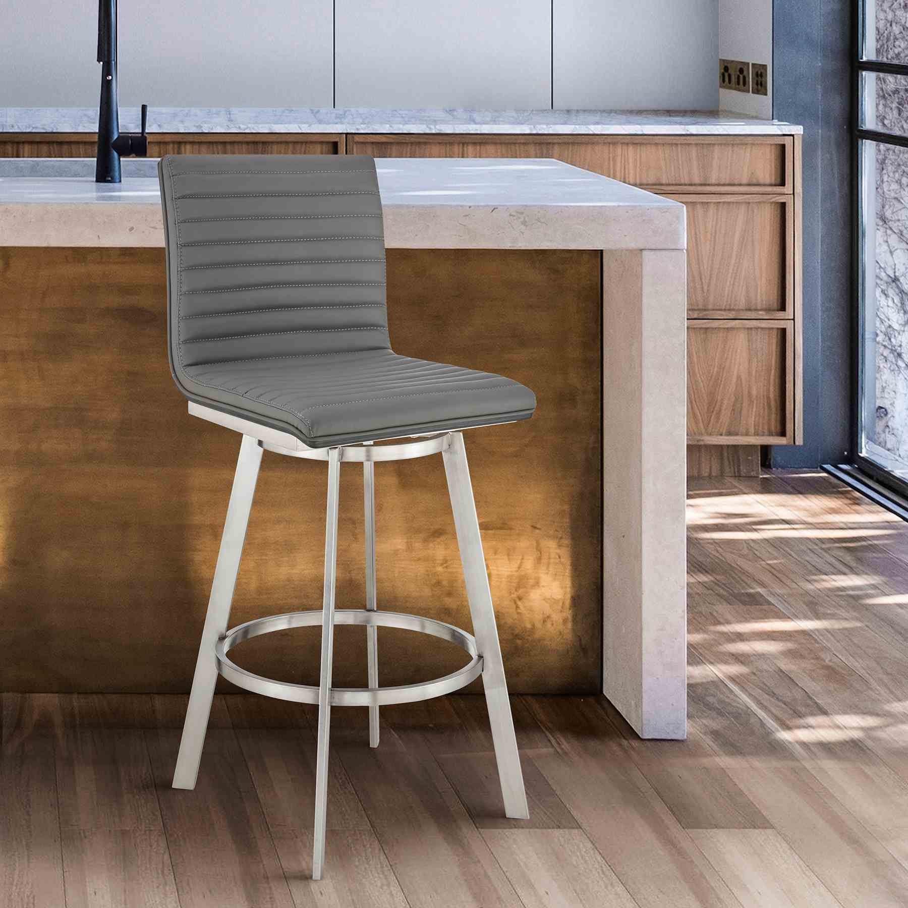 Nikole 26" Counter Height Black Swivel Bar Stool in Brushed Stainless Steel Finish and Gray Faux Leather - Image 9